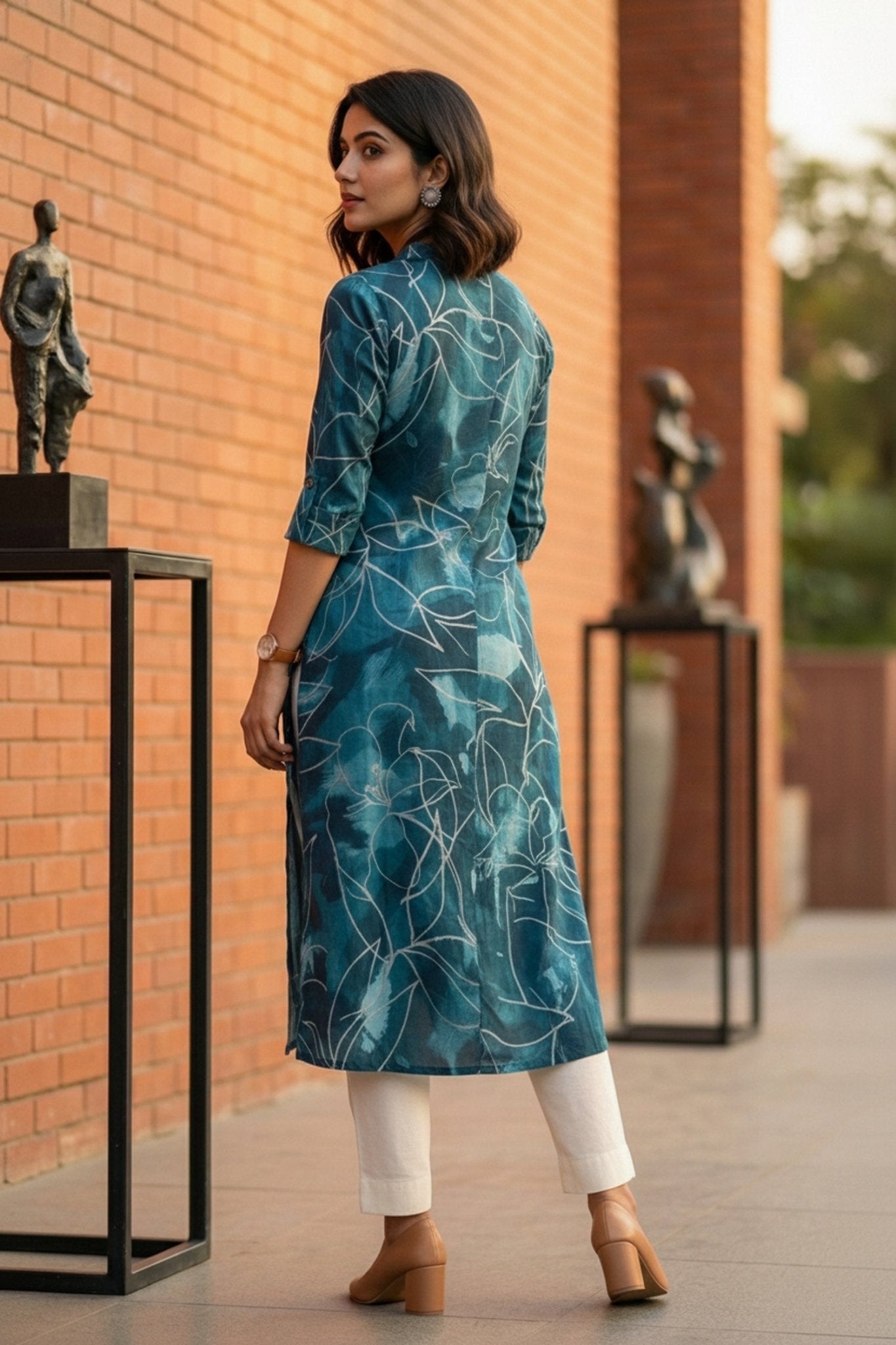 Blue Printed Cotton Long Kurti - Freyaa USA & Canada