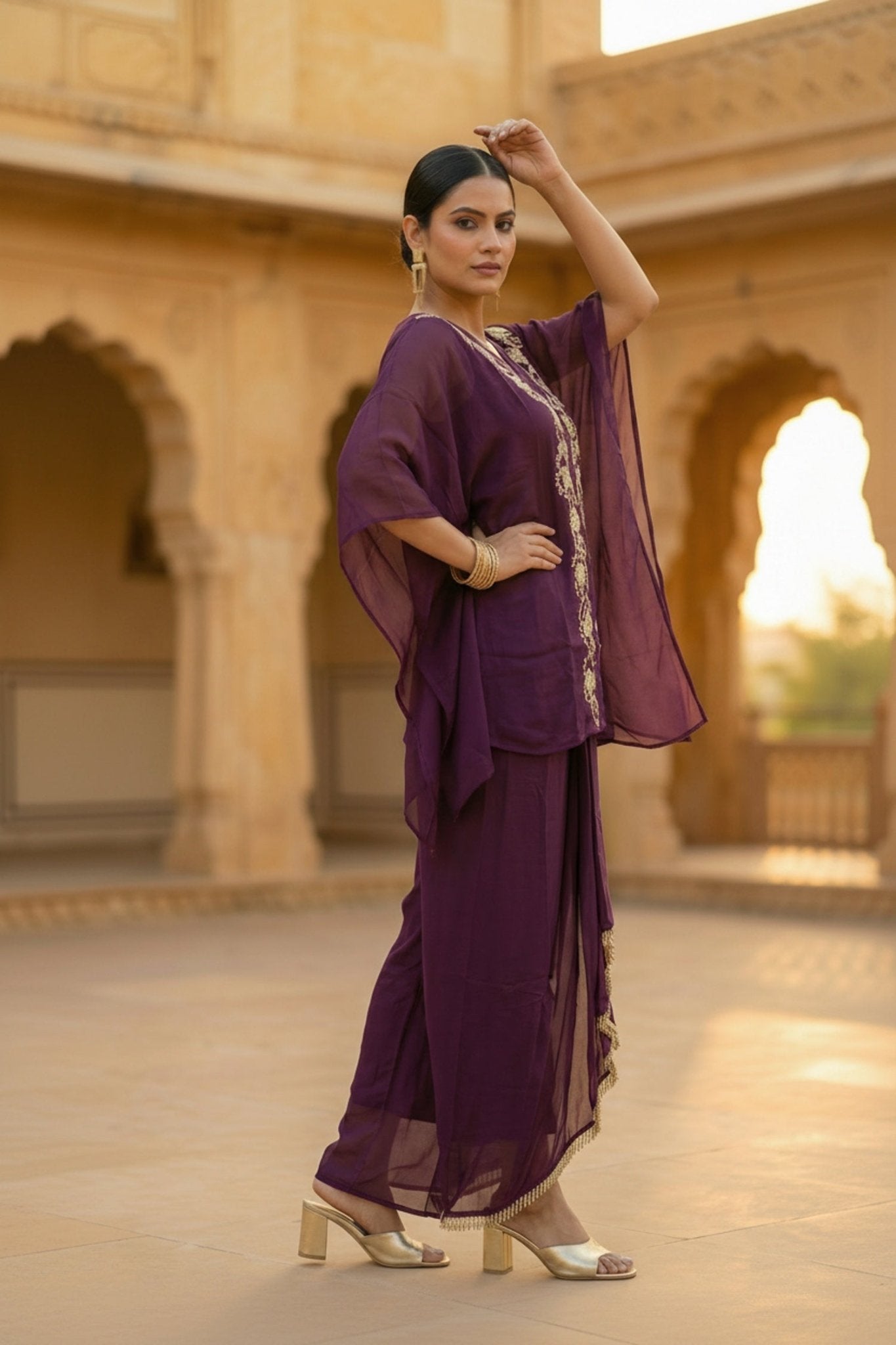 Wine Embroidered Dhoti Style Co-ord Set - Freyaa USA & Canada