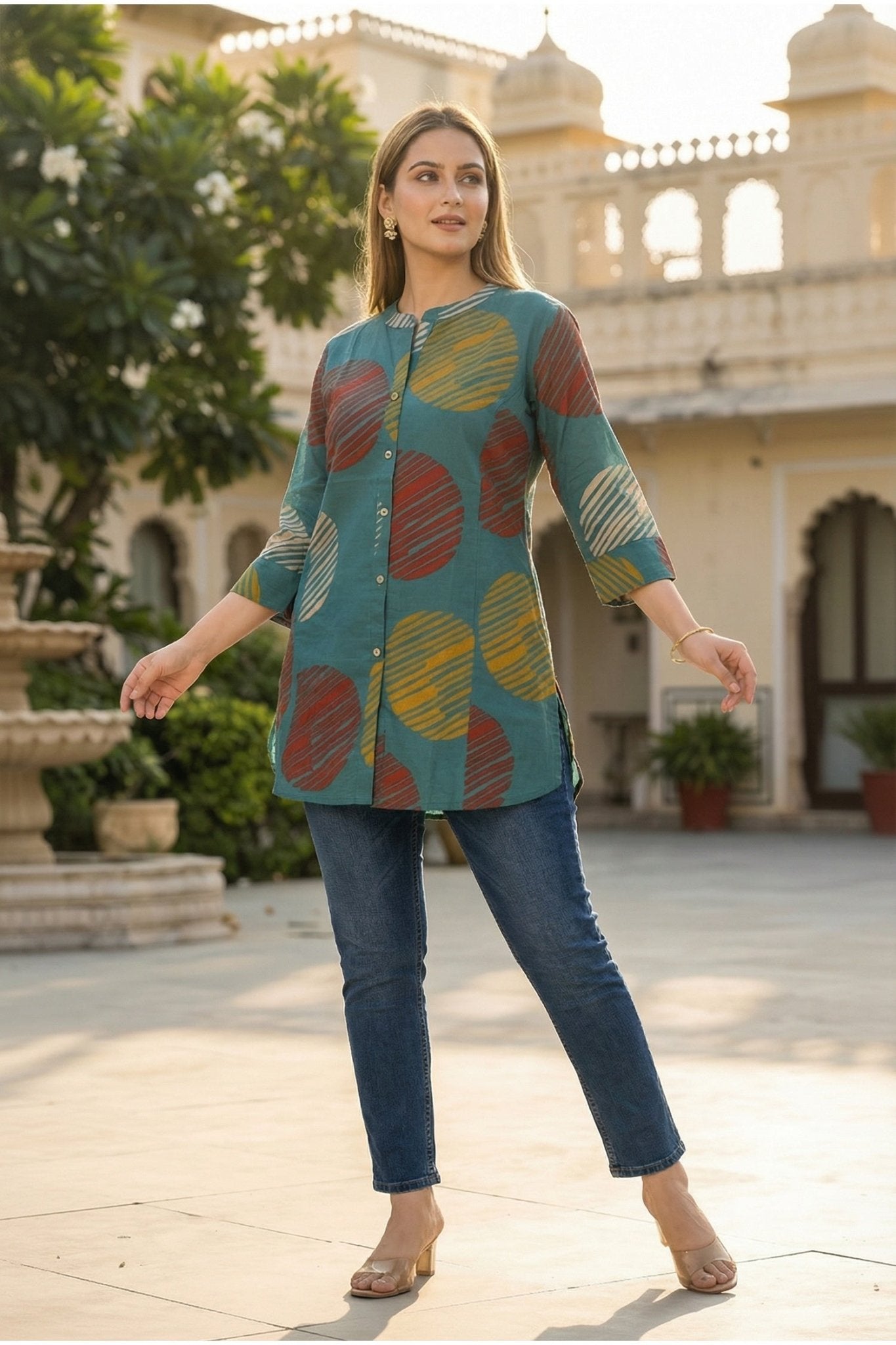 Peacock Blue Geometric Print Cotton Top - Freyaa USA & Canada