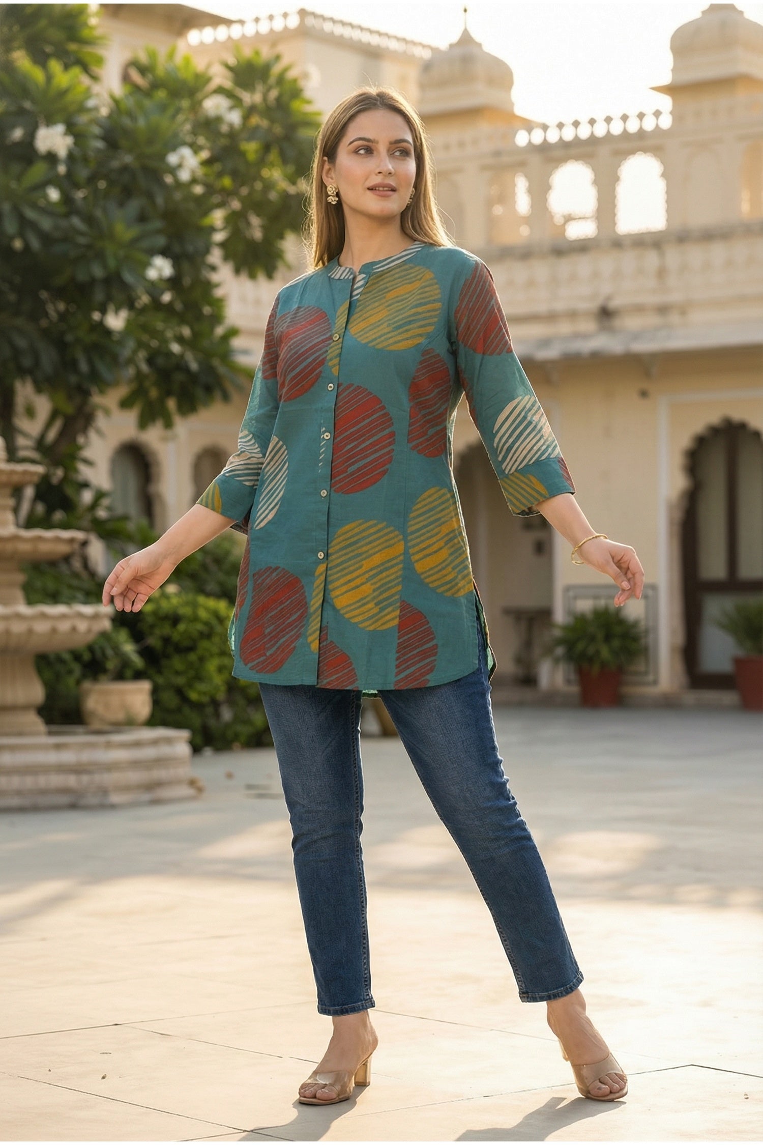 Peacock Blue Geometric Print Cotton Top
