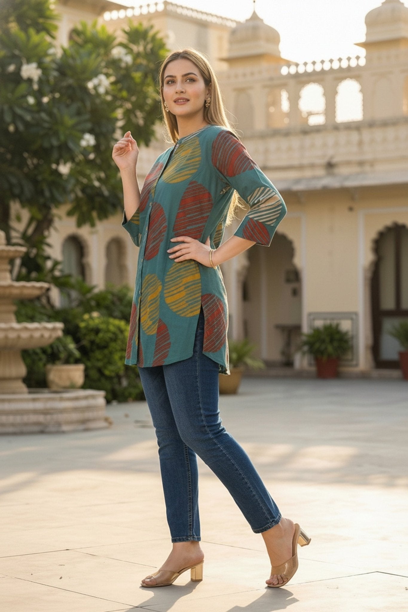 Peacock Blue Geometric Print Cotton Top - Freyaa USA & Canada