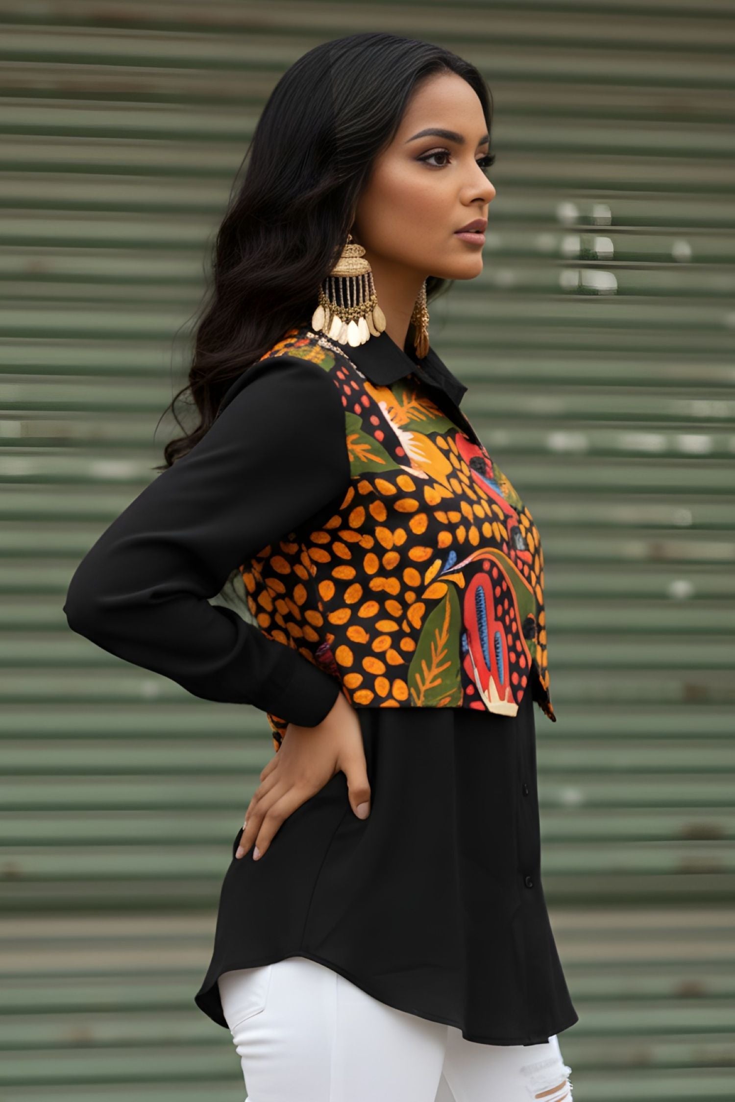 Black Shirt with Printed Cropped Jacket