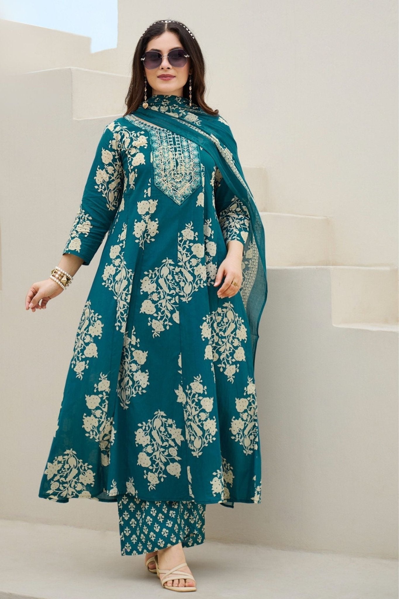 Blue V-Neck Embroidered Cotton Floral Printed Kurta Palazzo Dupatta Set - Freyaa USA & Canada
