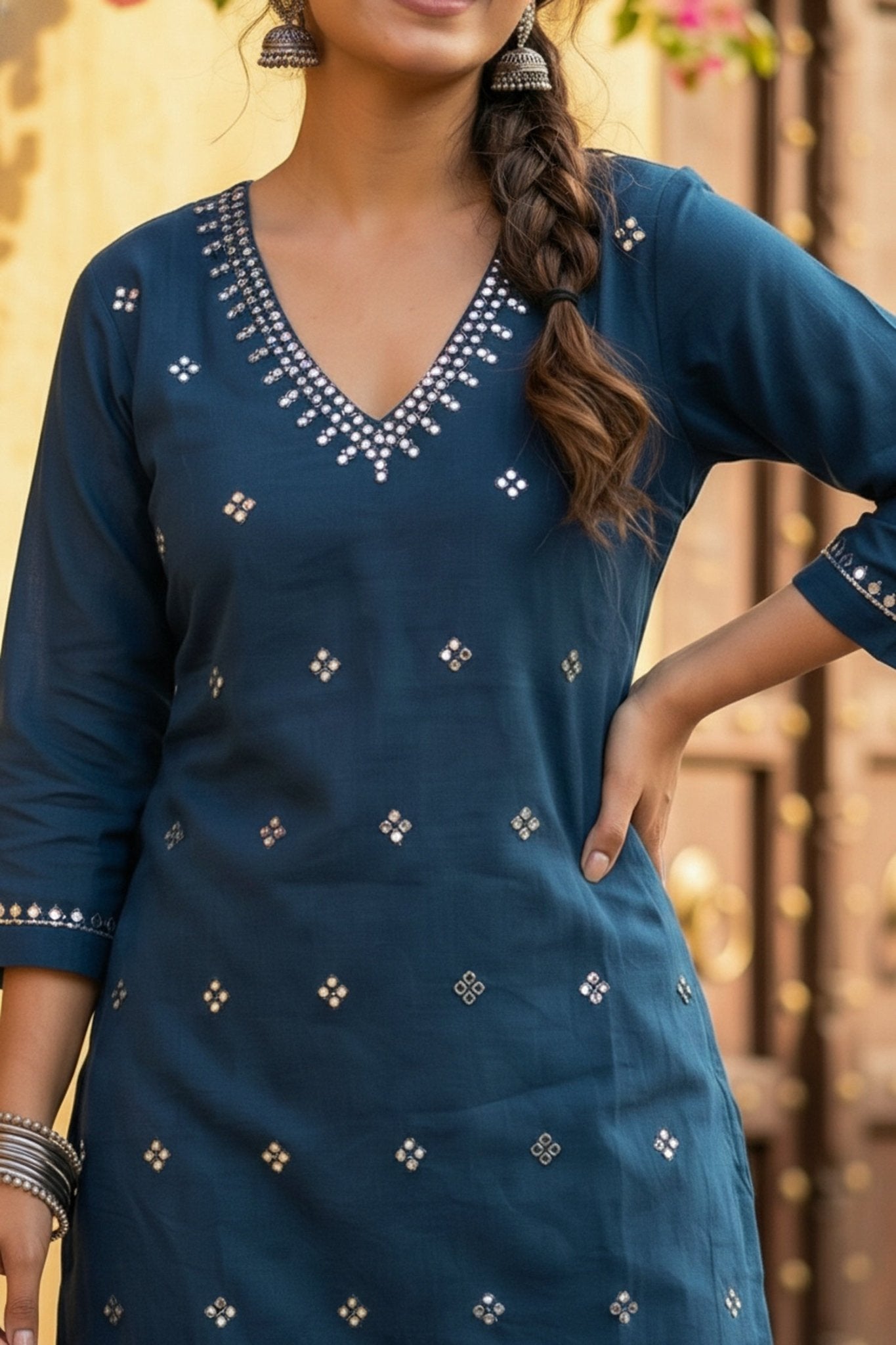 Blue Aura Embroidered Cotton Cord Set - Freyaa USA & Canada