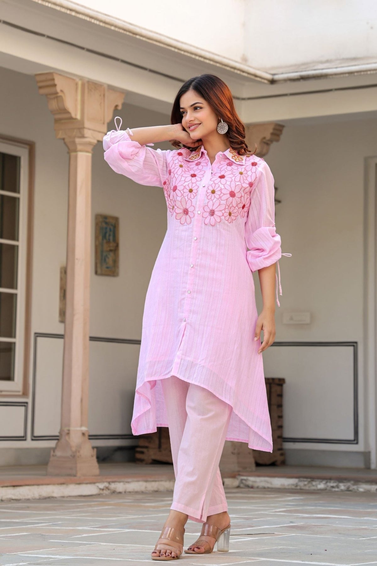 Baby Pink Cord Set Highlighted with Floral Thread Work & Collar Design - Freyaa USA & Canada