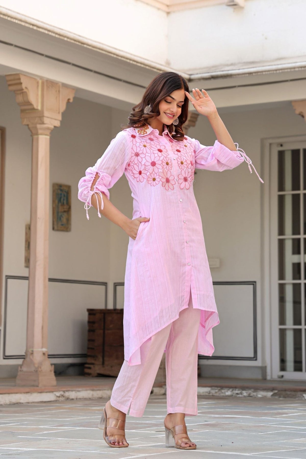 Baby Pink Cord Set Highlighted with Floral Thread Work & Collar Design - Freyaa USA & Canada