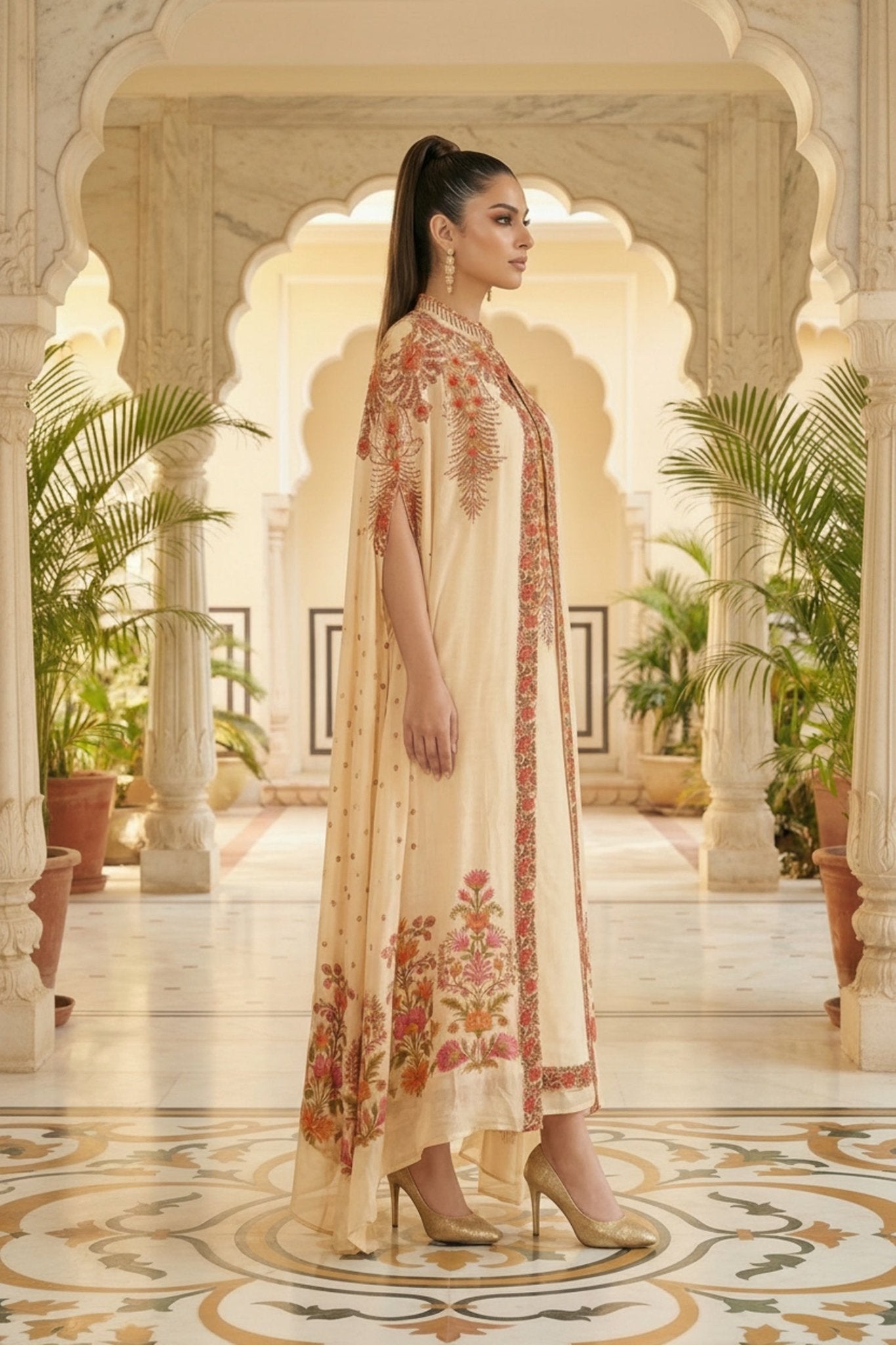 Cream Chinon Kaftan Set with Embroidered Jacket - Freyaa USA & Canada