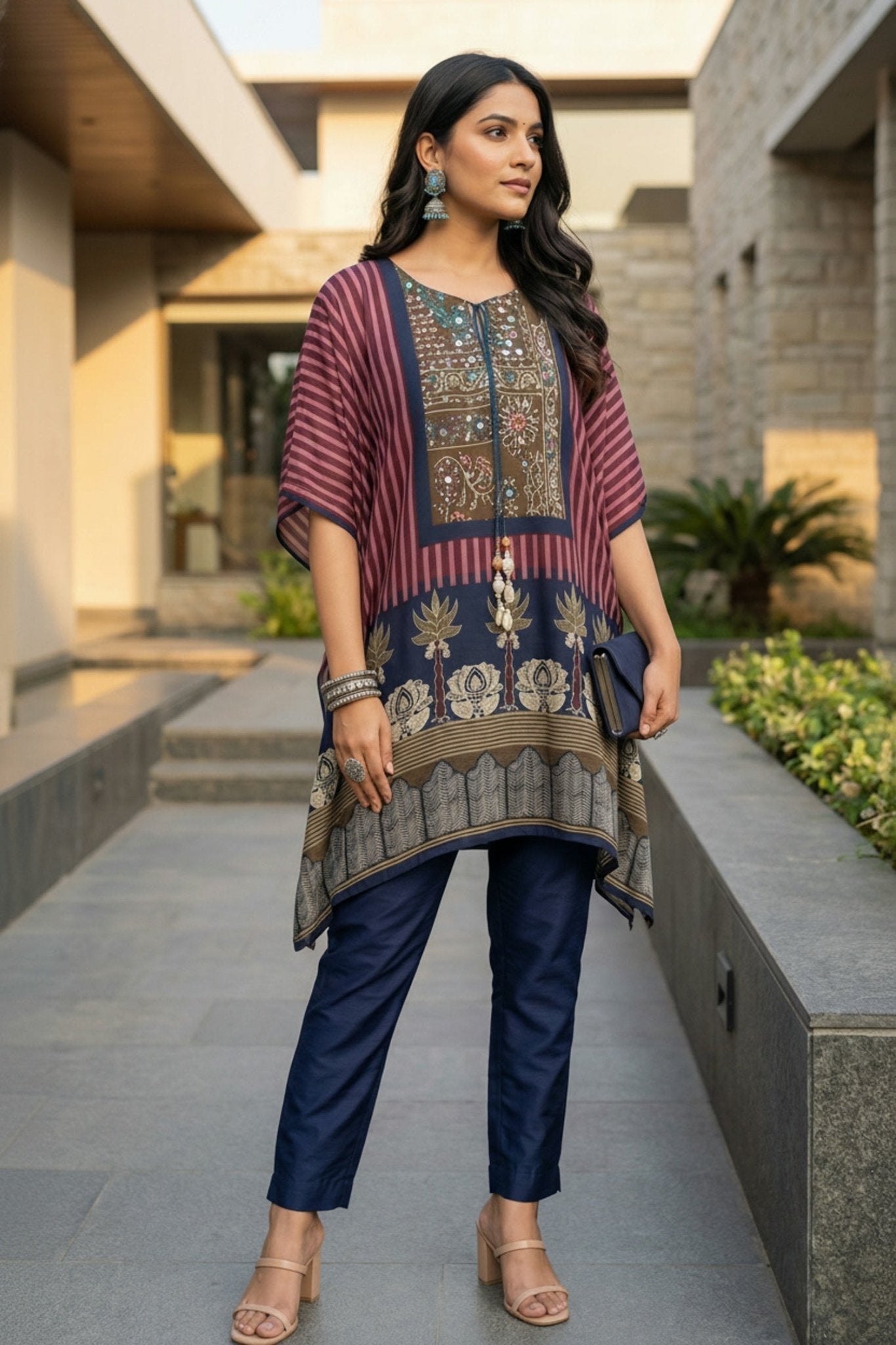 Maroon Printed Short Kaftan with Chic Flair - Freyaa USA & Canada