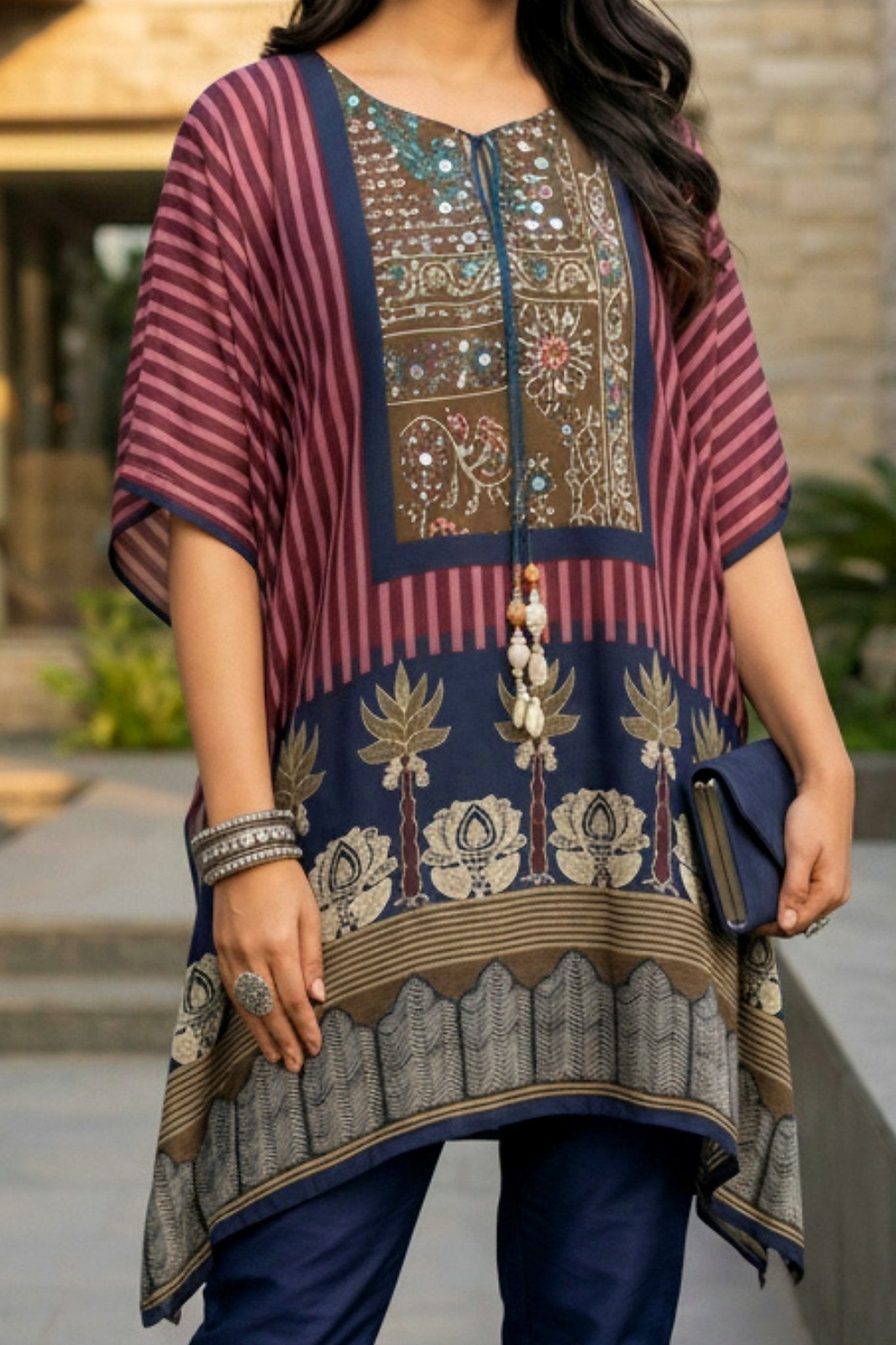 Maroon Printed Short Kaftan with Chic Flair - Freyaa USA & Canada