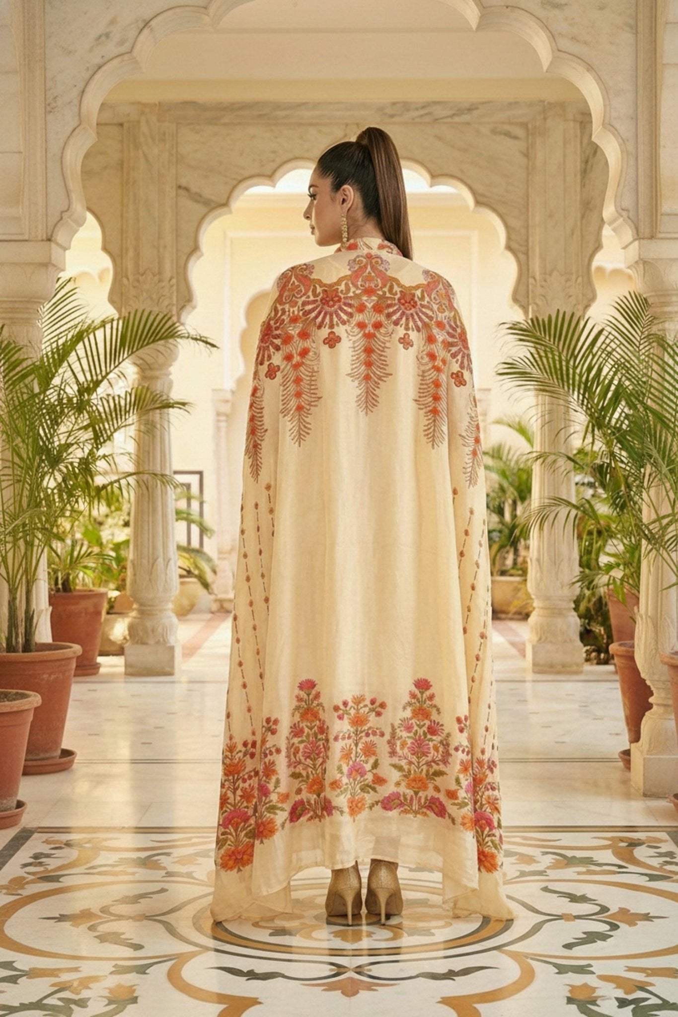 Cream Chinon Kaftan Set with Embroidered Jacket - Freyaa USA & Canada