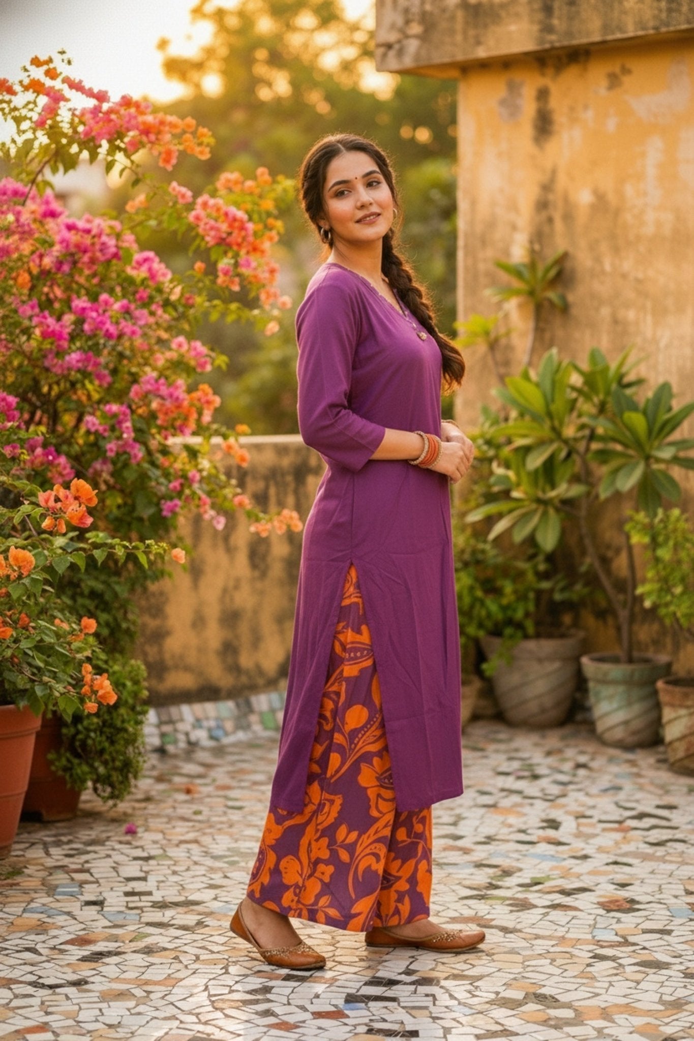 Purple Cotton Co-ord Set with Printed Pants - Freyaa USA & Canada