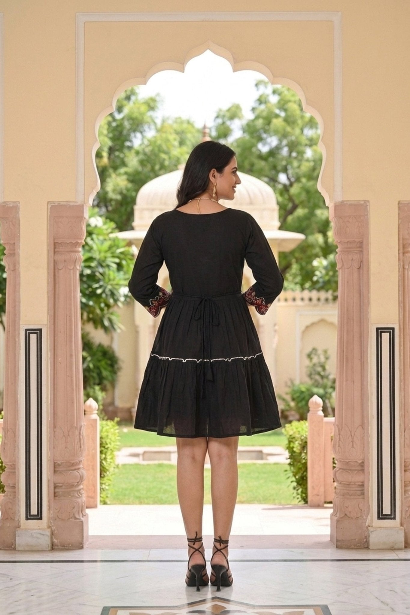 Black Floral Embroidered Short Tunic Dress - Freyaa USA & Canada