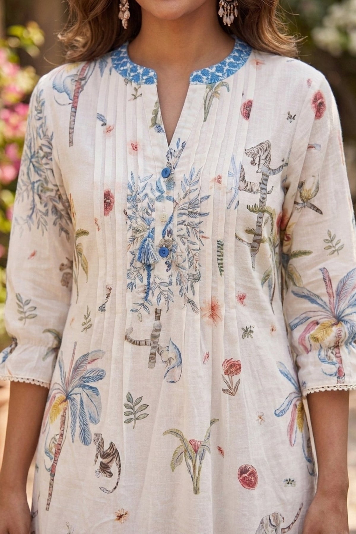 White Tropical Floral Short Kurti - Freyaa USA & Canada