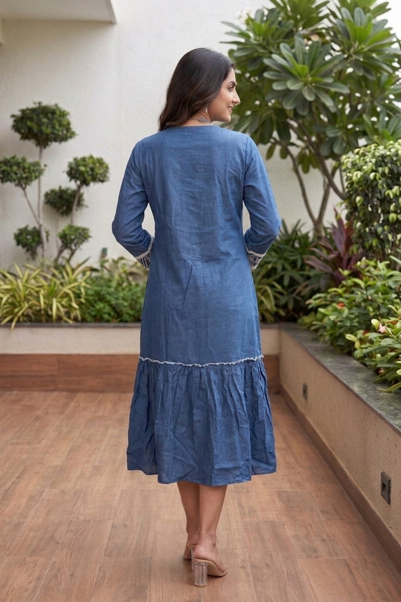 Royal Blue Floral Embroidery Long Dress - Freyaa USA & Canada