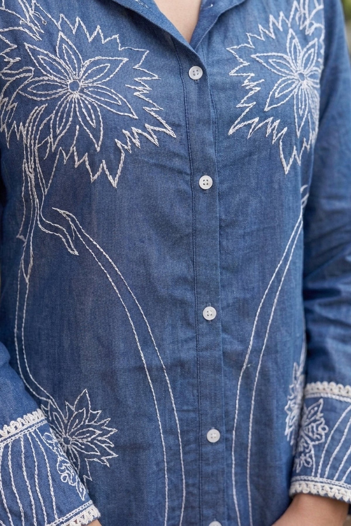 Royal Blue Floral Embroidery Long Dress - Freyaa USA & Canada