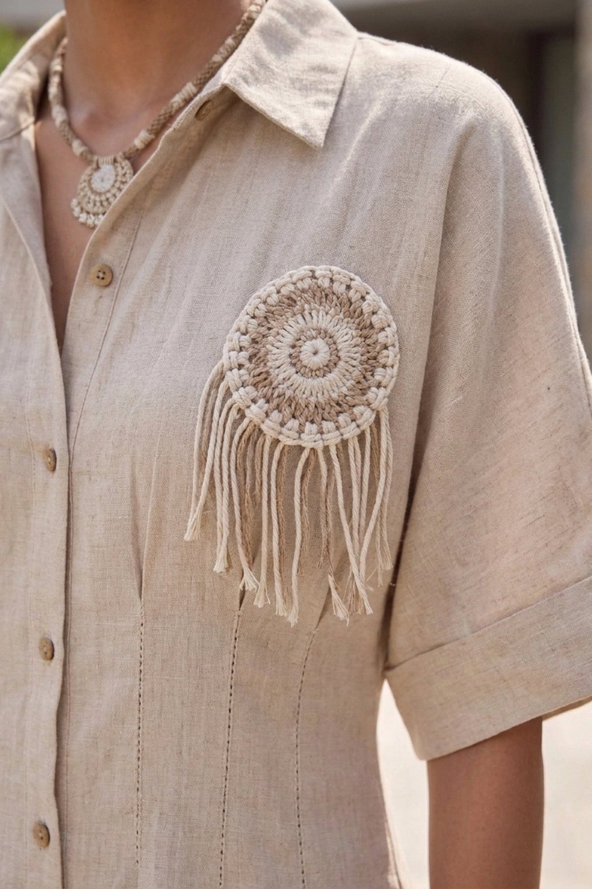 Beige Pleated Jute Boho Dress. - Freyaa