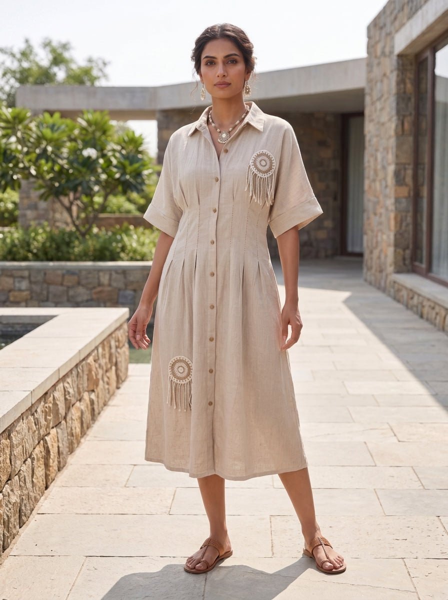 Beige Pleated Jute Boho Dress. - Freyaa
