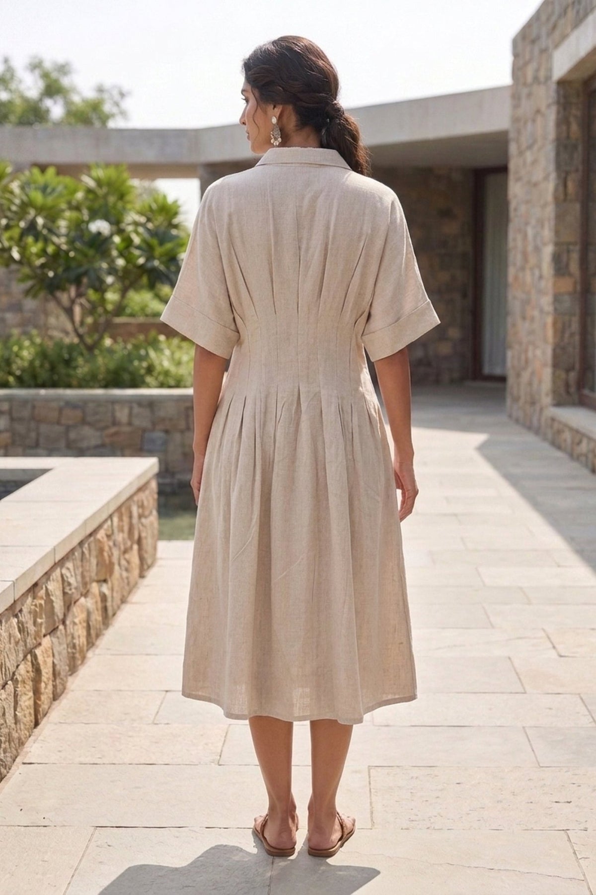 Beige Pleated Jute Boho Dress. - Freyaa