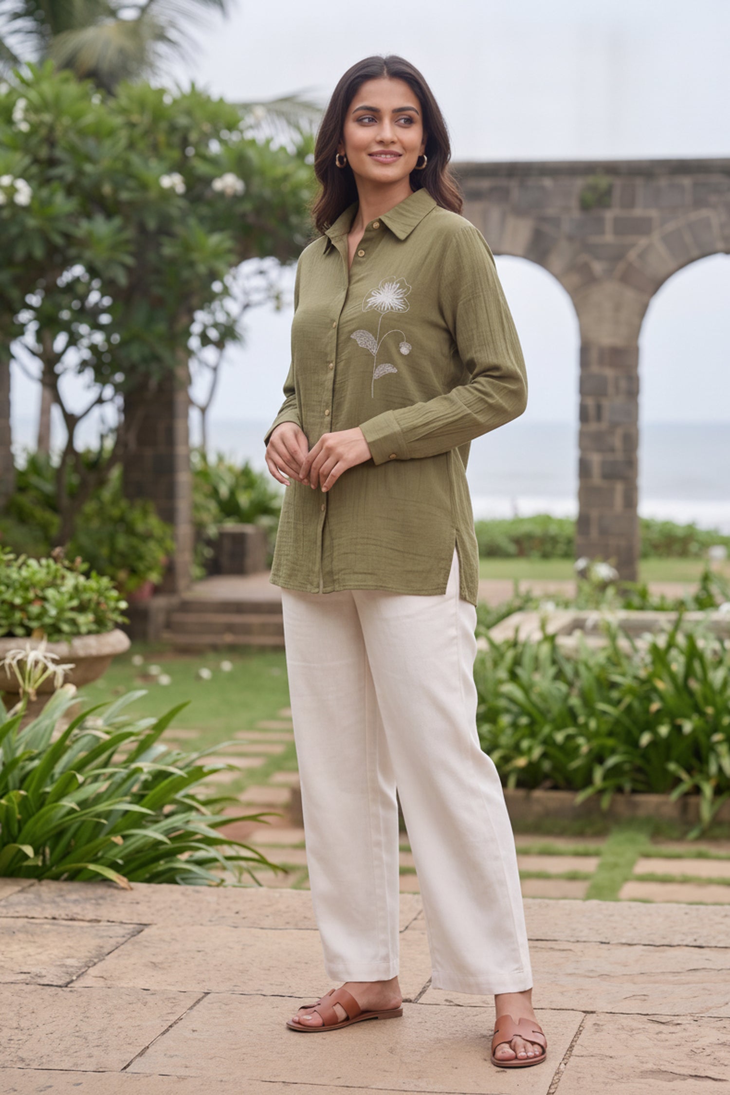 Olive Green Cotton Shirt with White Floral Embroidery