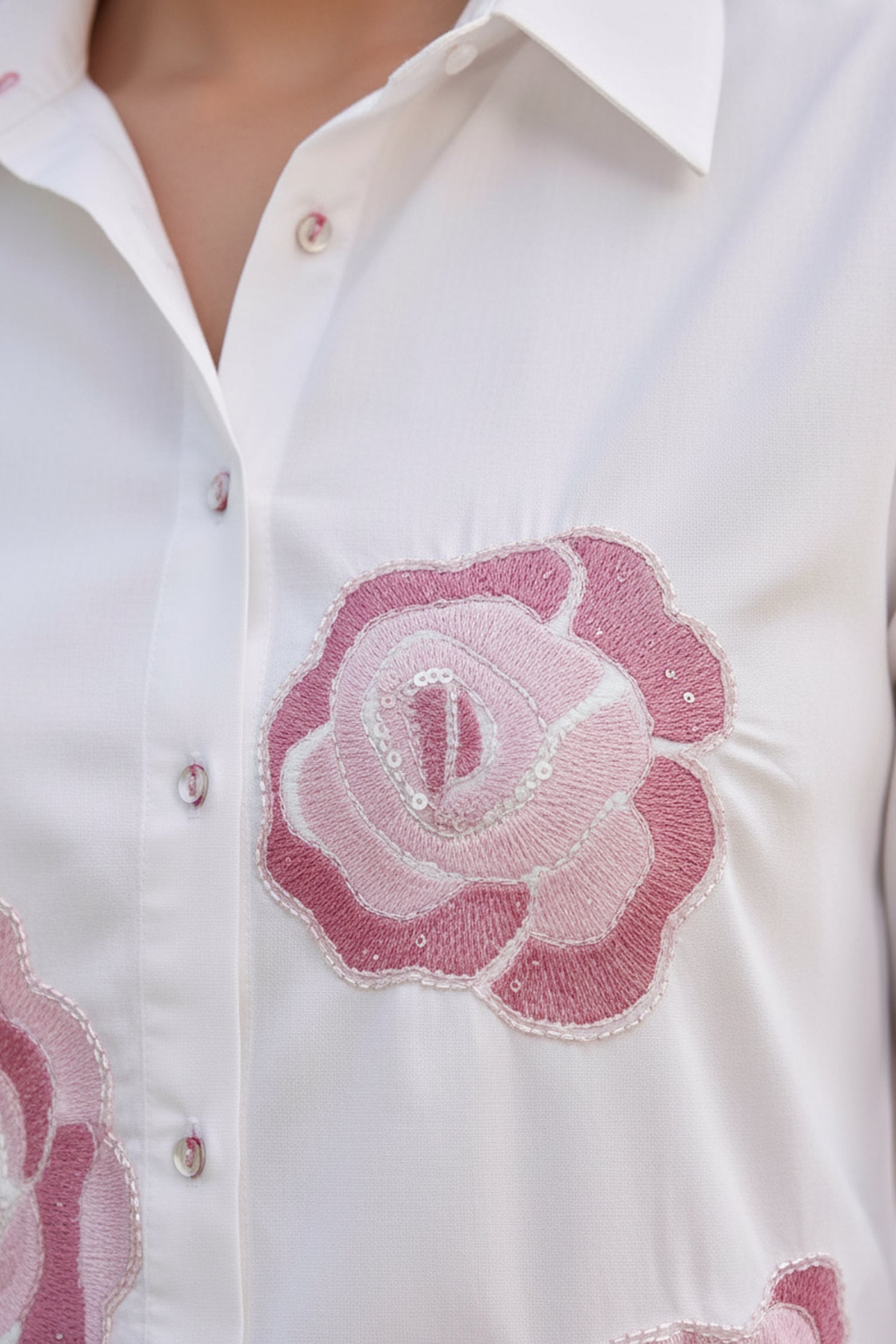 Women's White Cotton Shirt with Pink Floral Appliqu√© Detailing