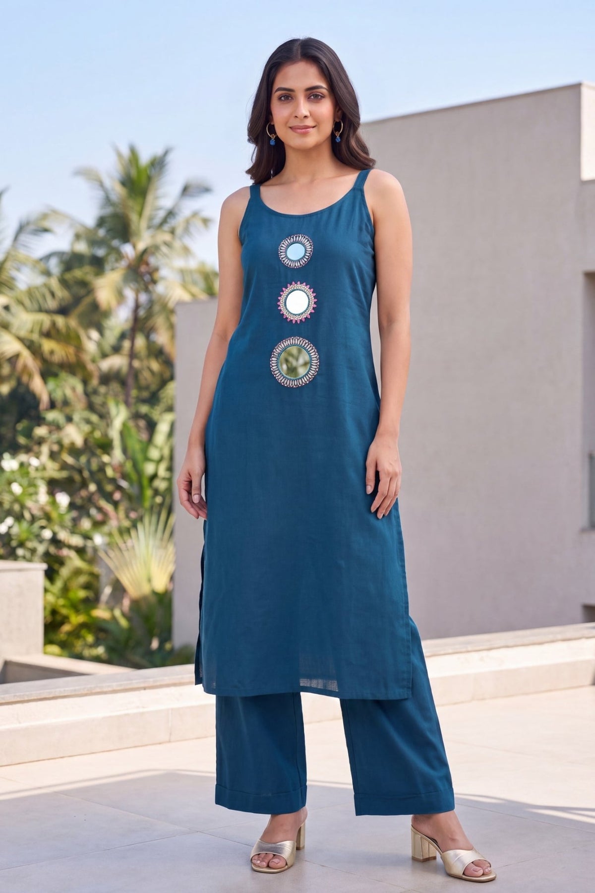 Noir Mirror Motif Teal CordSet - Freyaa