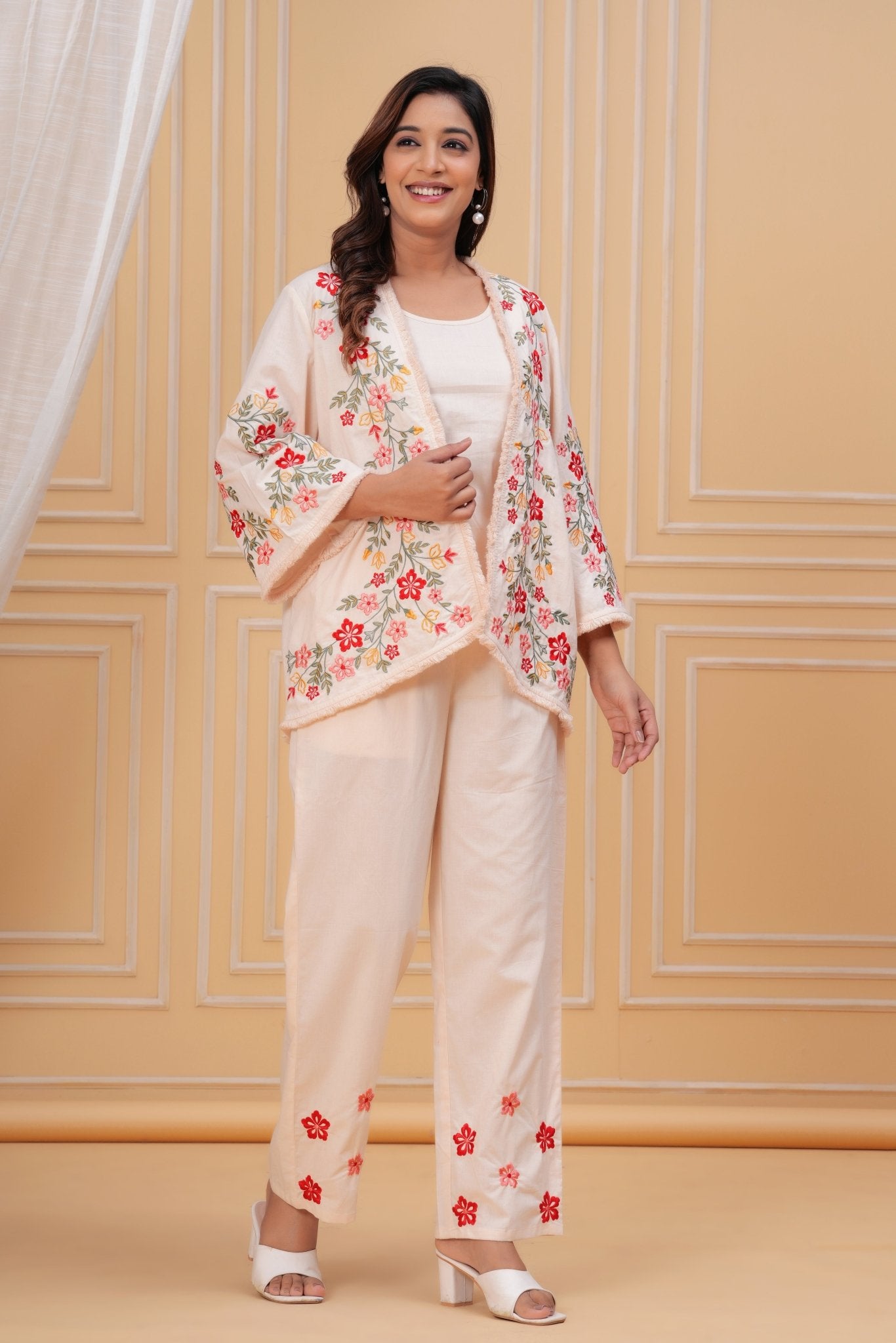 Blossom Beige Floral Threadwork Cord Set - Freyaa USA & Canada