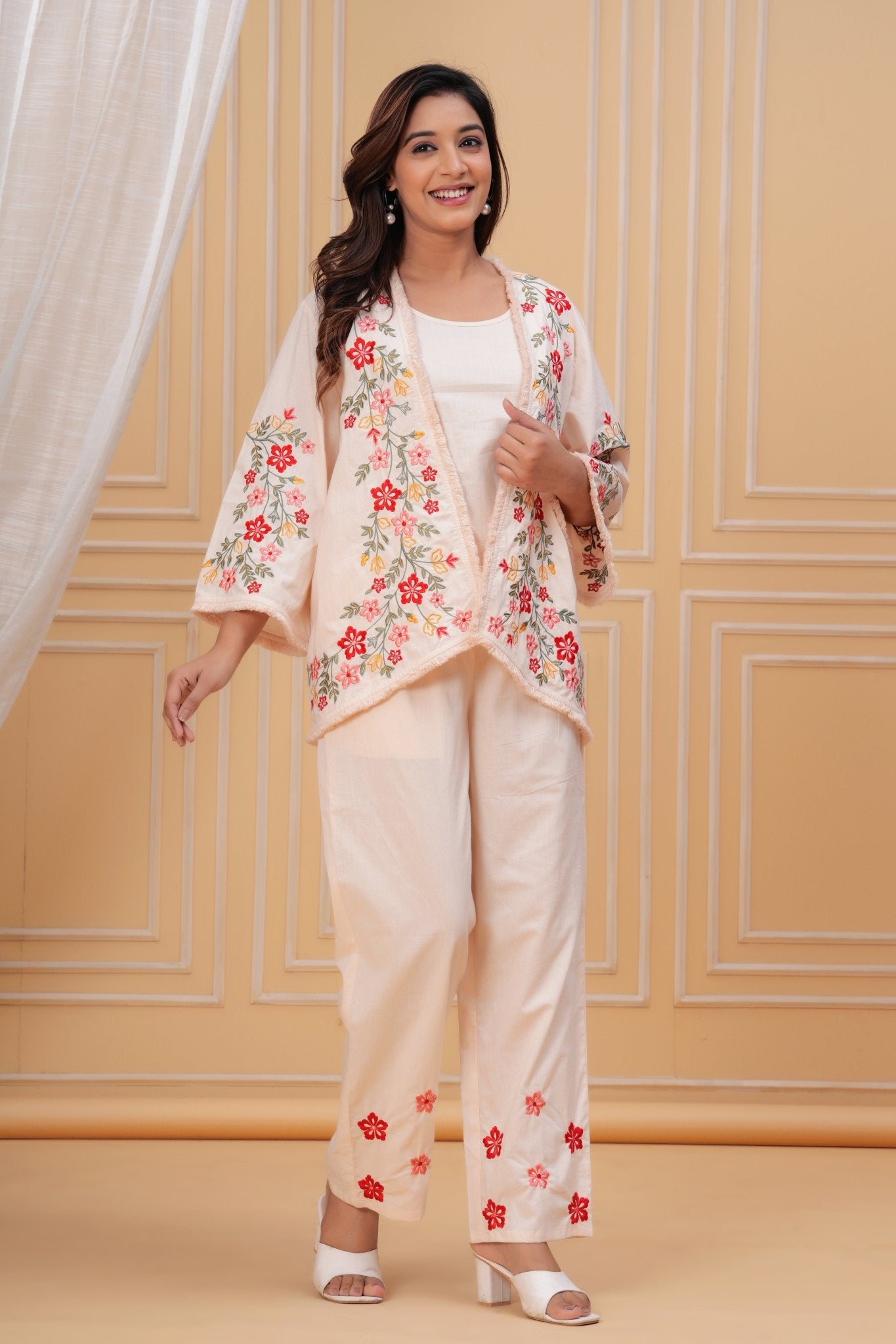 Blossom Beige Floral Threadwork Cord Set - Freyaa USA & Canada
