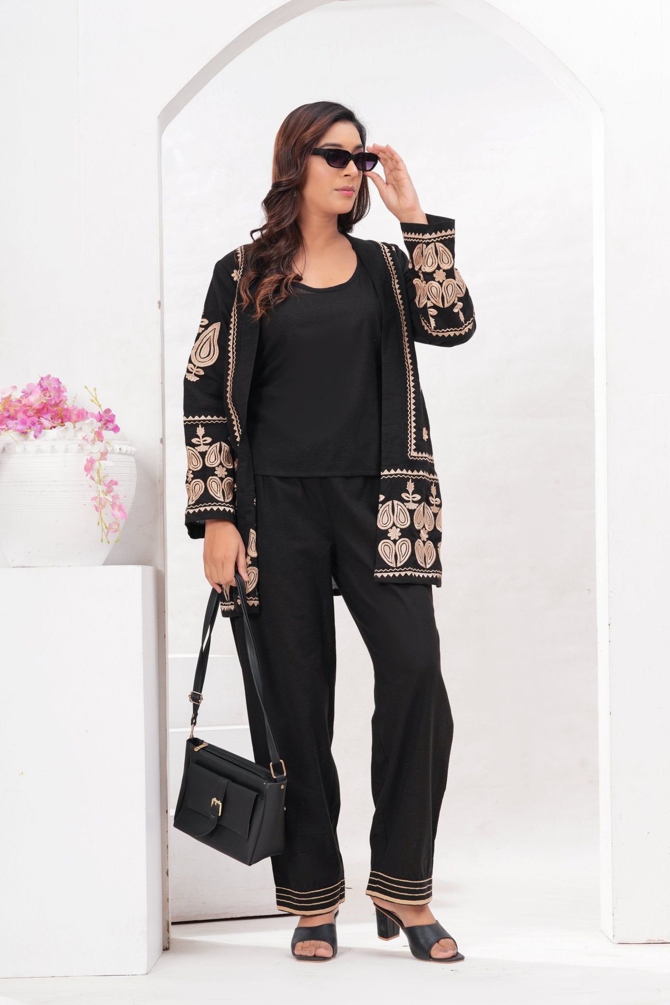 Black Embroidered Jacket Co-ord Set - Freyaa USA & Canada