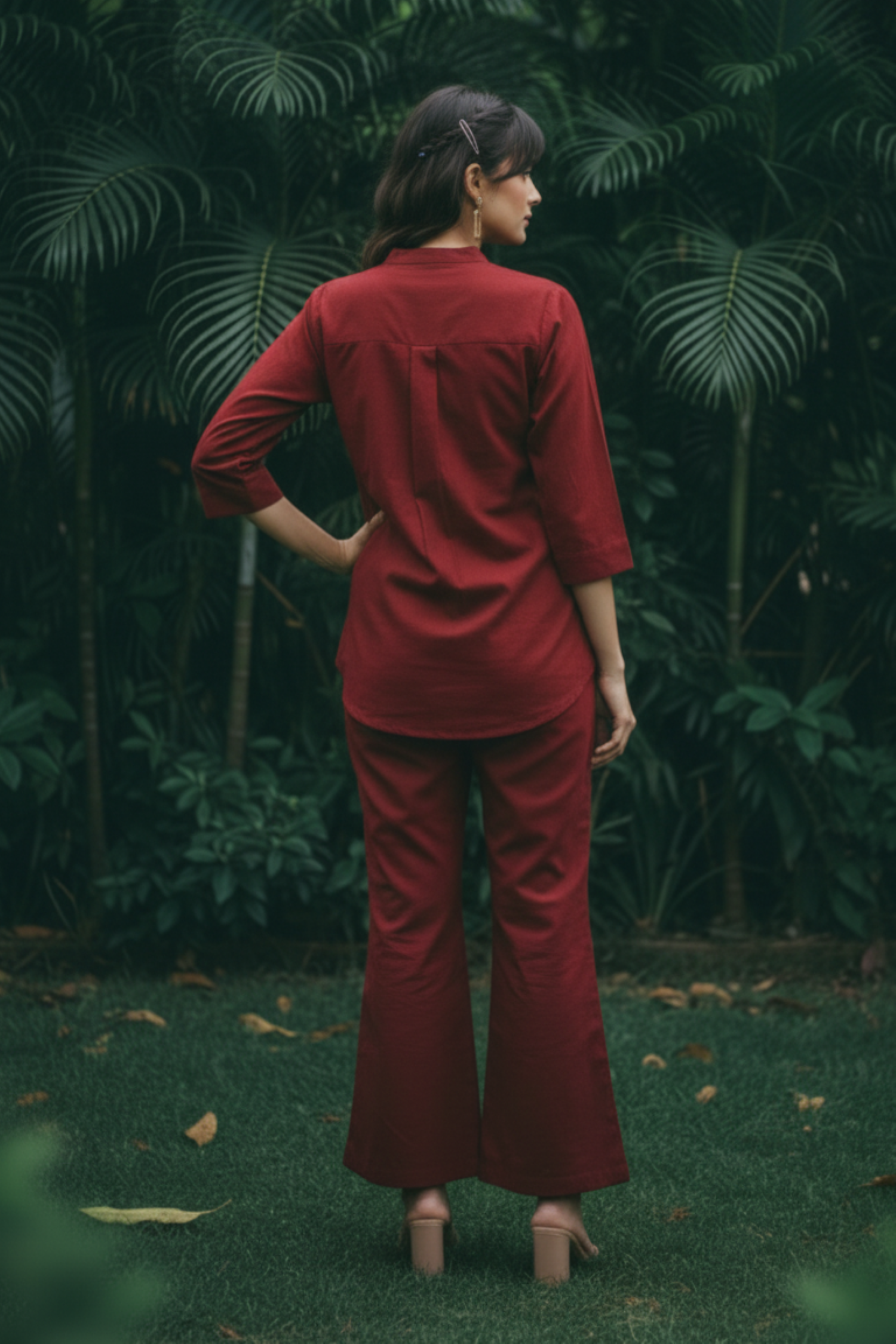 Linen Cotton Maroon Red Relax Fit Cord Set.