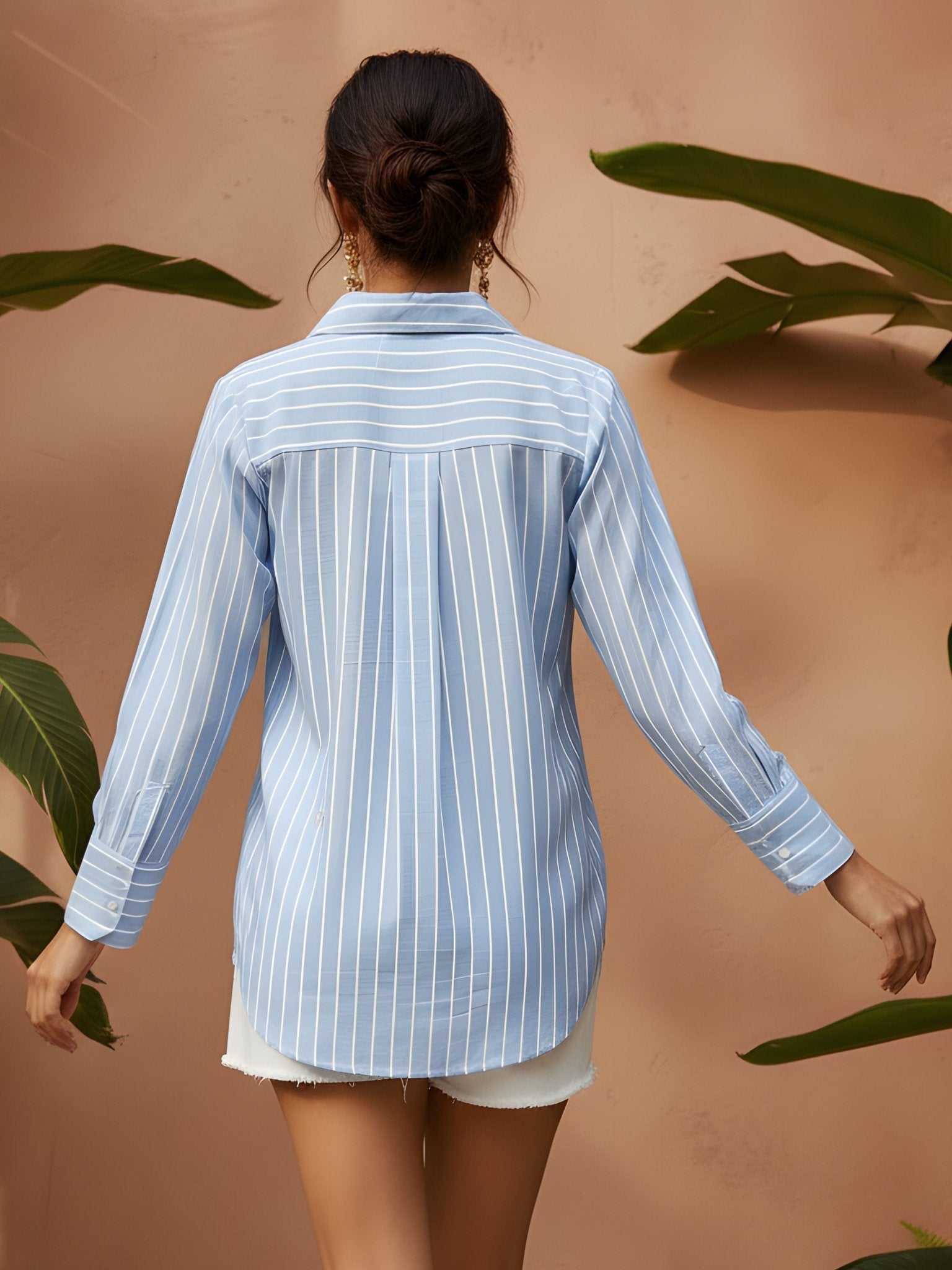 Blue Striped Embroidered Shirt with Button-Down Front - Freyaa USA & Canada