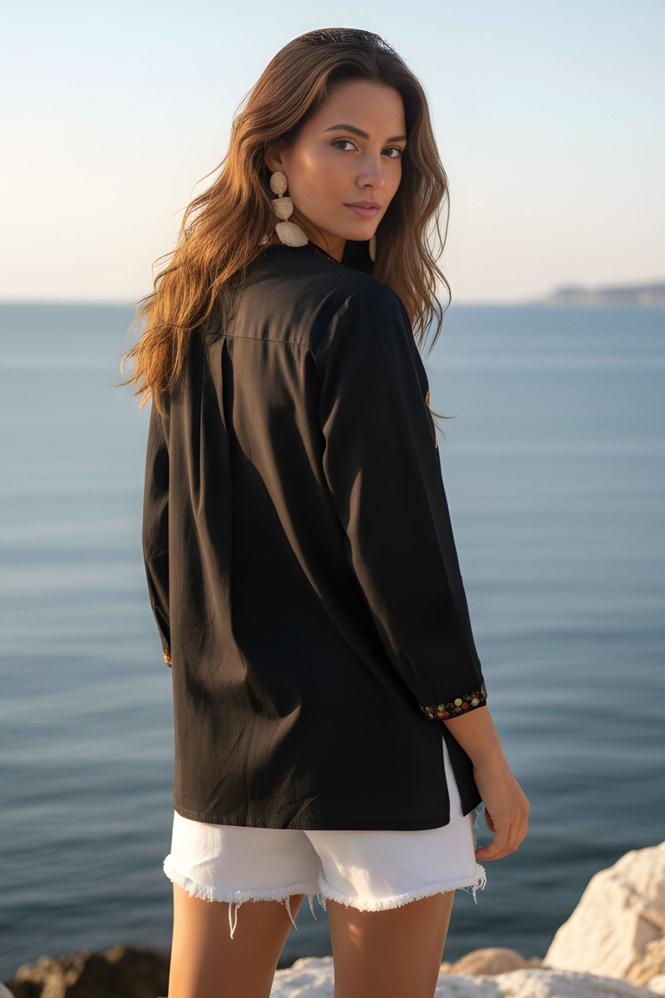 Black Floral Embroidered Tunic Top - Freyaa USA & Canada