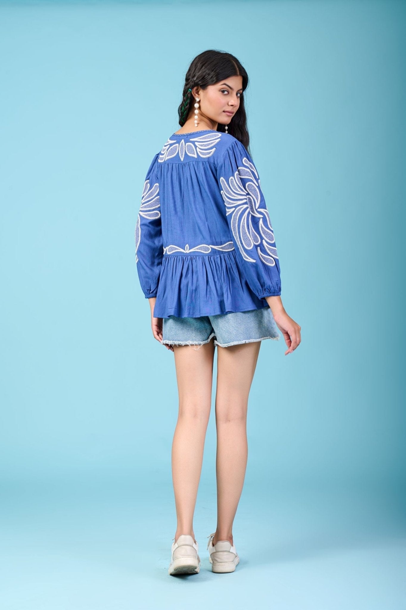 Trendy Blue Top with Detailed Work - Freyaa USA & Canada