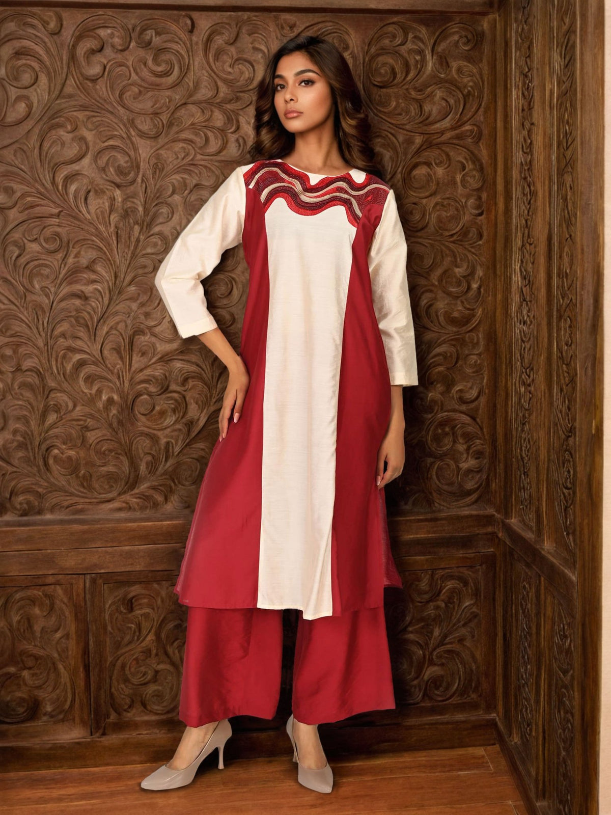 Beige and Red Satin Cord Set Showcasing Wavy Neckline Pattern - Freyaa USA & Canada