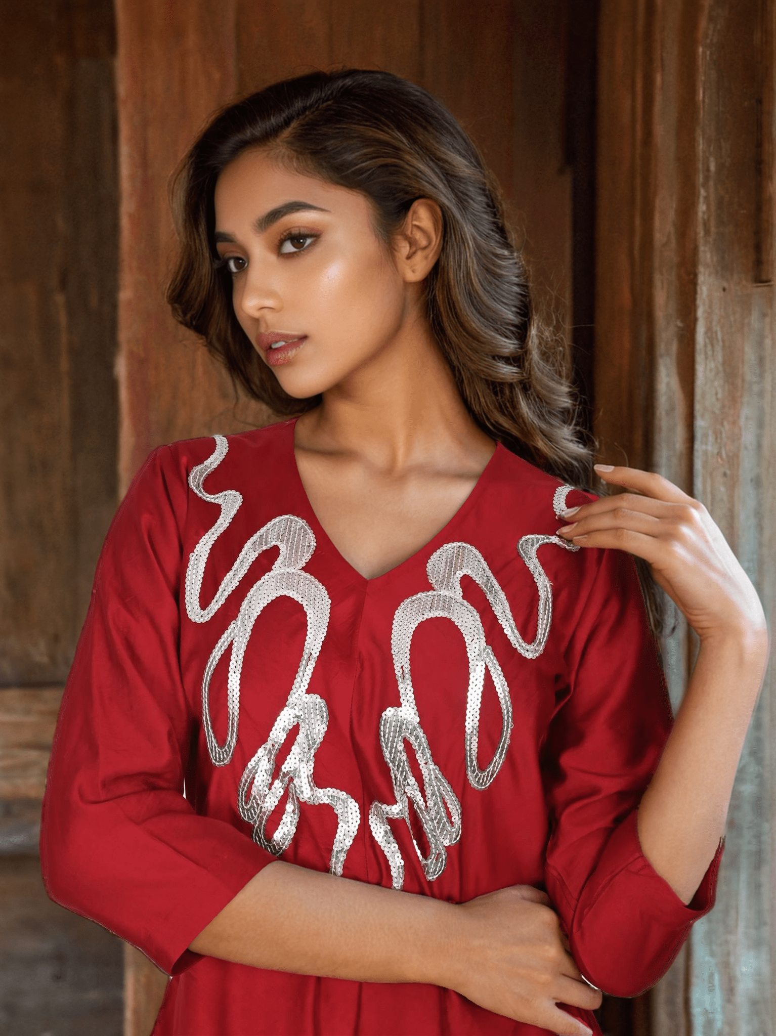 Maroon Satin Cord Set with Neckline Detailing - Freyaa USA & Canada