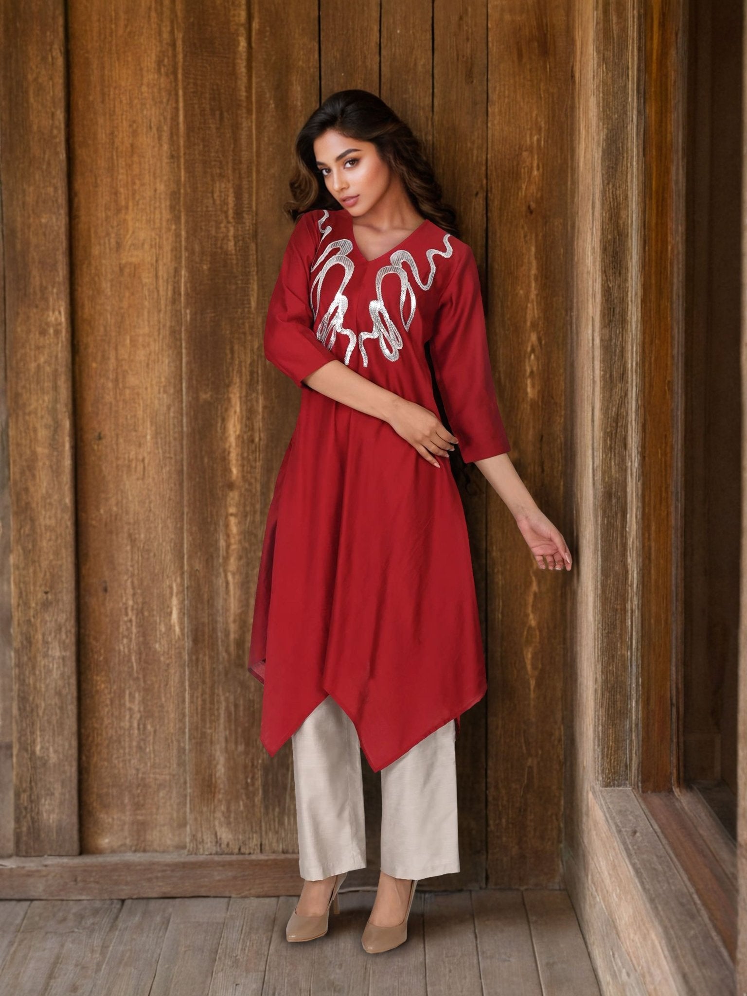 Maroon Satin Cord Set with Neckline Detailing - Freyaa USA & Canada