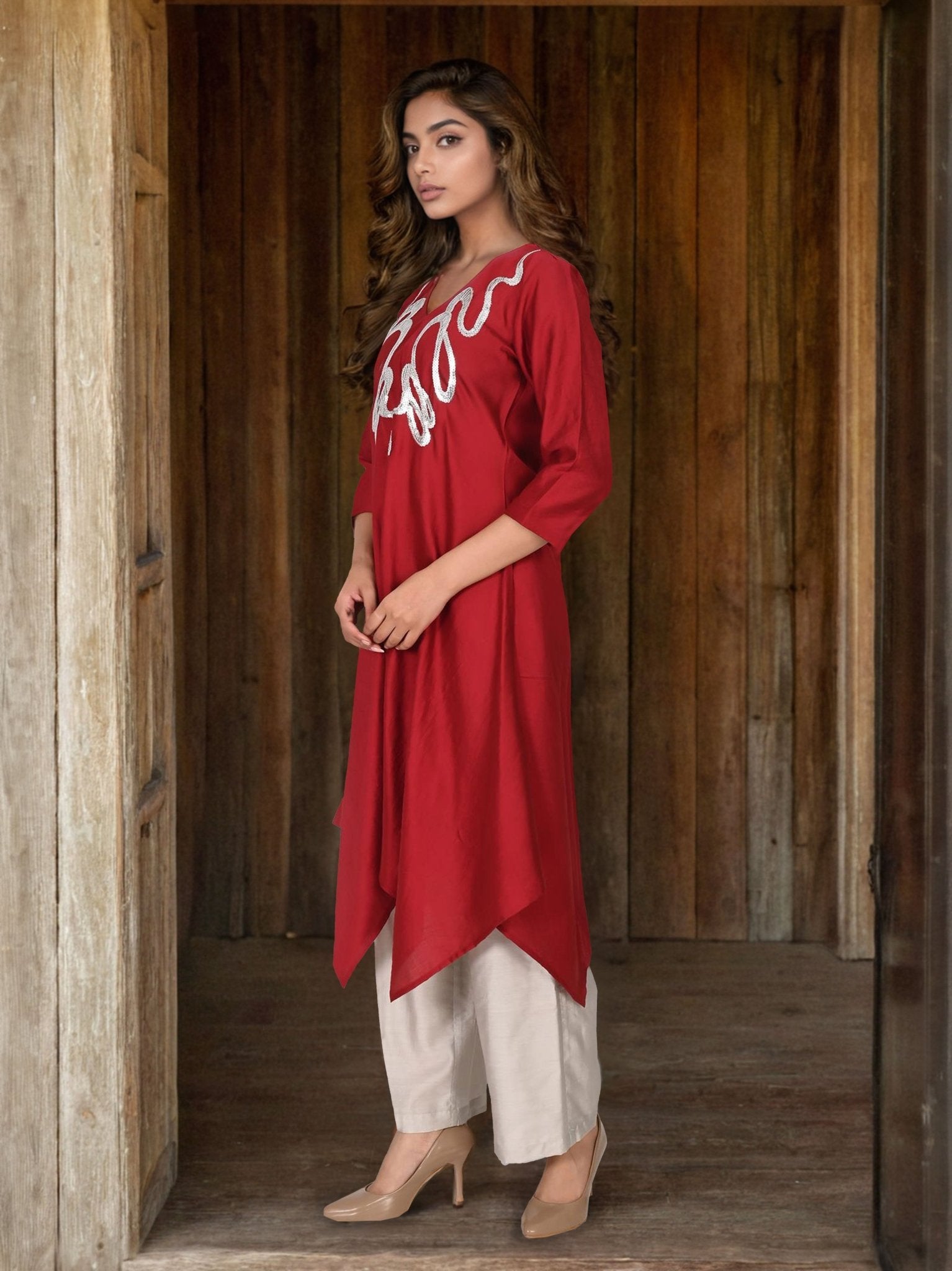 Maroon Satin Cord Set with Neckline Detailing - Freyaa USA & Canada