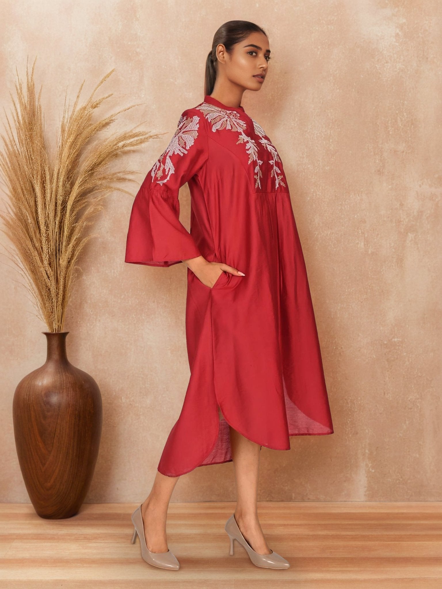 Maroon Elegance Satin Embroidered Long Dress - Freyaa USA & Canada