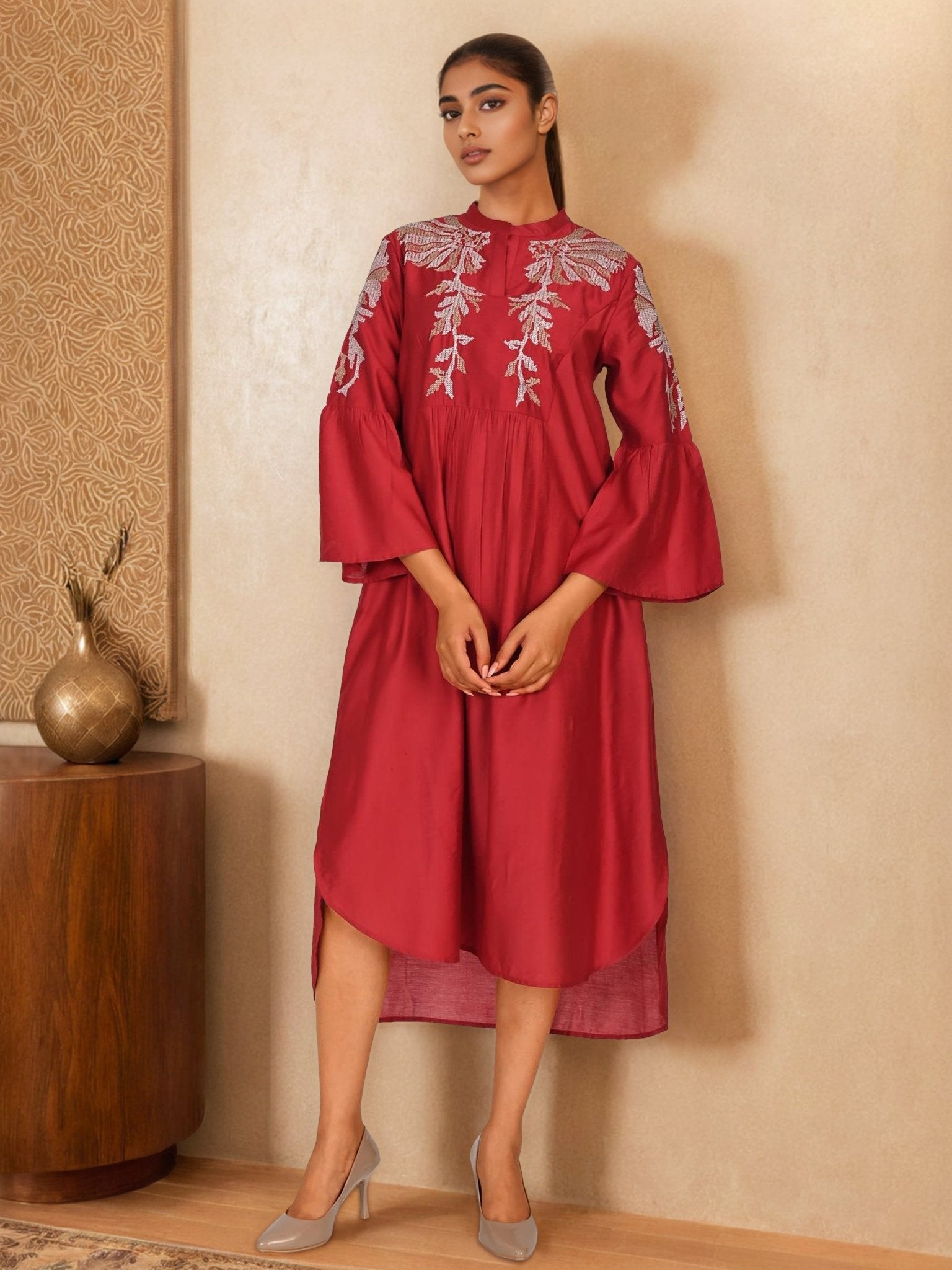 Maroon Elegance Satin Embroidered Long Dress - Freyaa USA & Canada