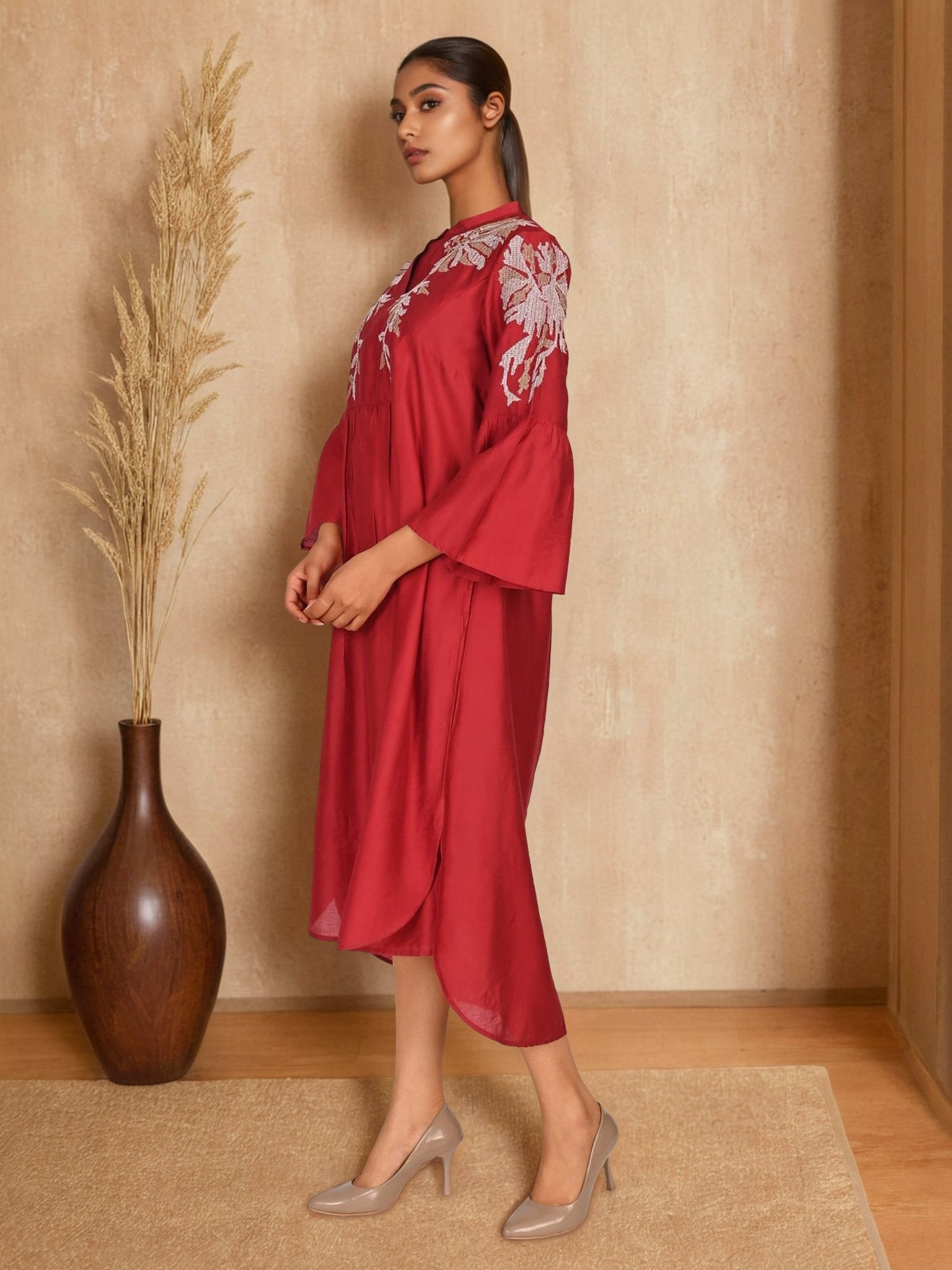 Maroon Elegance Satin Embroidered Long Dress - Freyaa USA & Canada