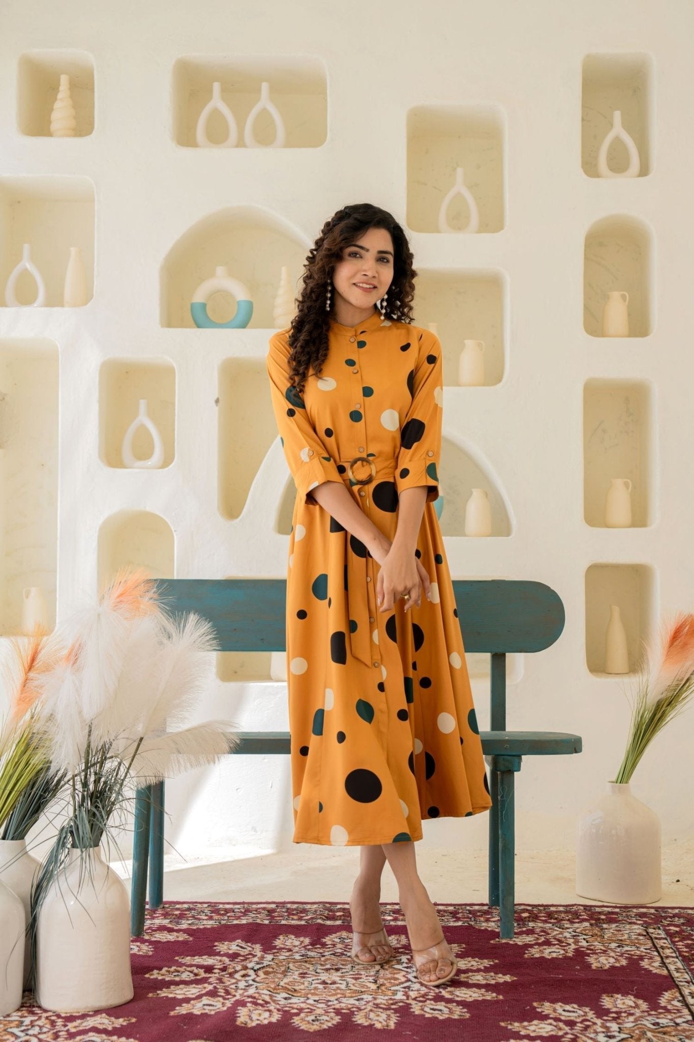 Chic Mustard Shirt Style Dress With Belt - Freyaa USA & Canada