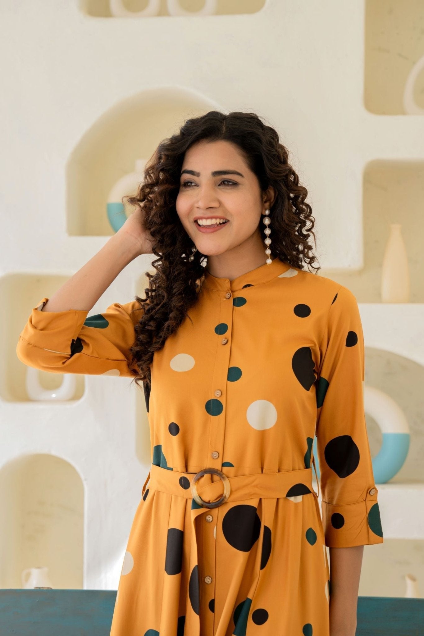 Chic Mustard Shirt Style Dress With Belt - Freyaa USA & Canada
