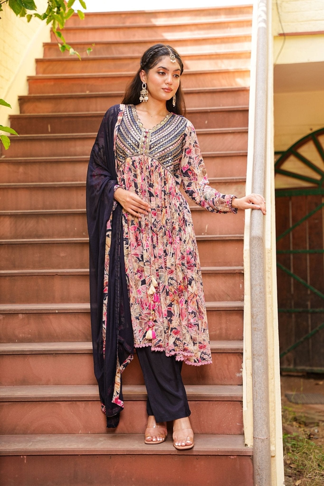 Navratri Couture Marble Print With Abhla And Embroidery Work - Freyaa USA & Canada