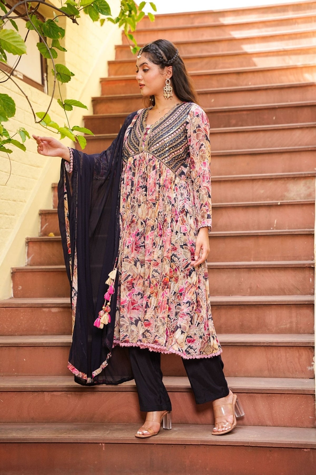 Navratri Couture Marble Print With Abhla And Embroidery Work - Freyaa USA & Canada