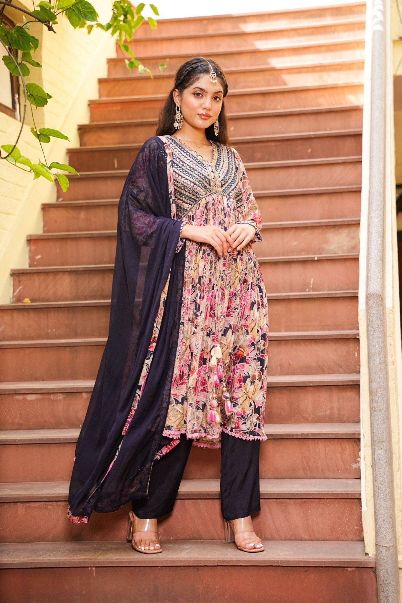 Navratri Couture Marble Print With Abhla And Embroidery Work - Freyaa USA & Canada