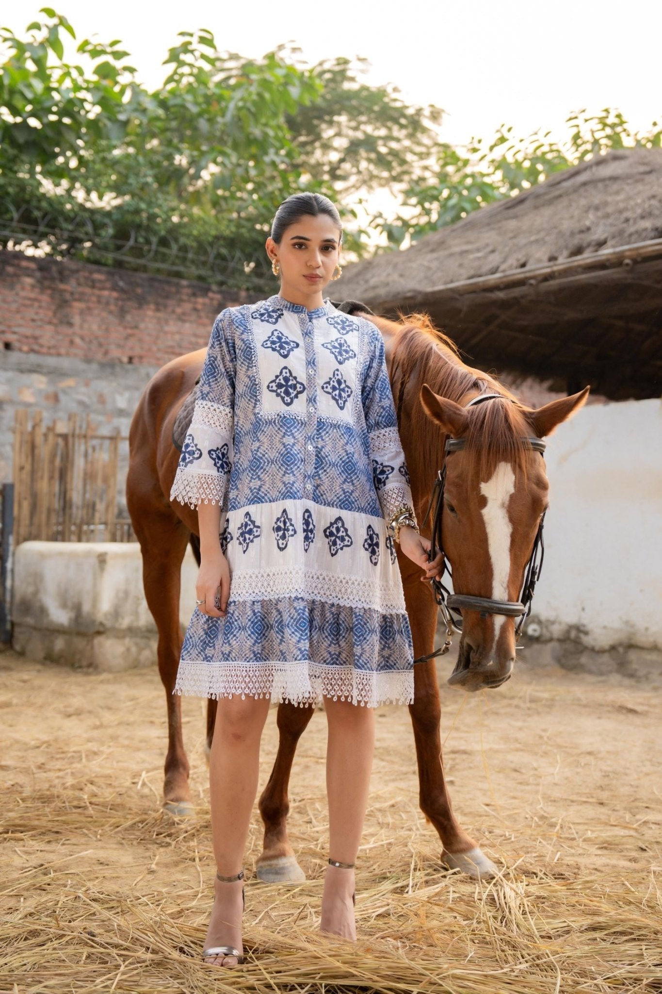 FREYAA Blue Cotton Tunic Embroidered Net Design Sleeves - Freyaa USA & Canada