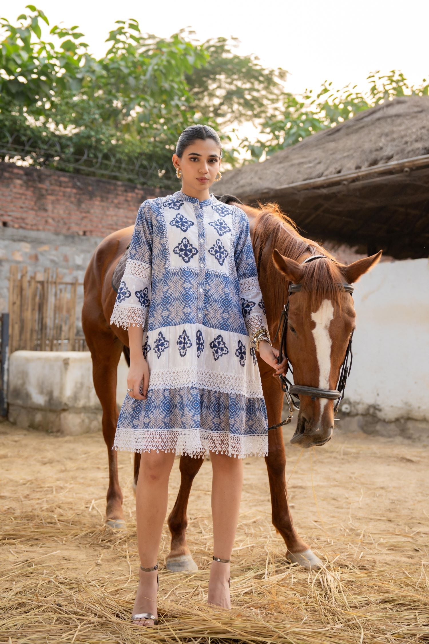 FREYAA Blue Cotton Tunic Embroidered Net Design Sleeves