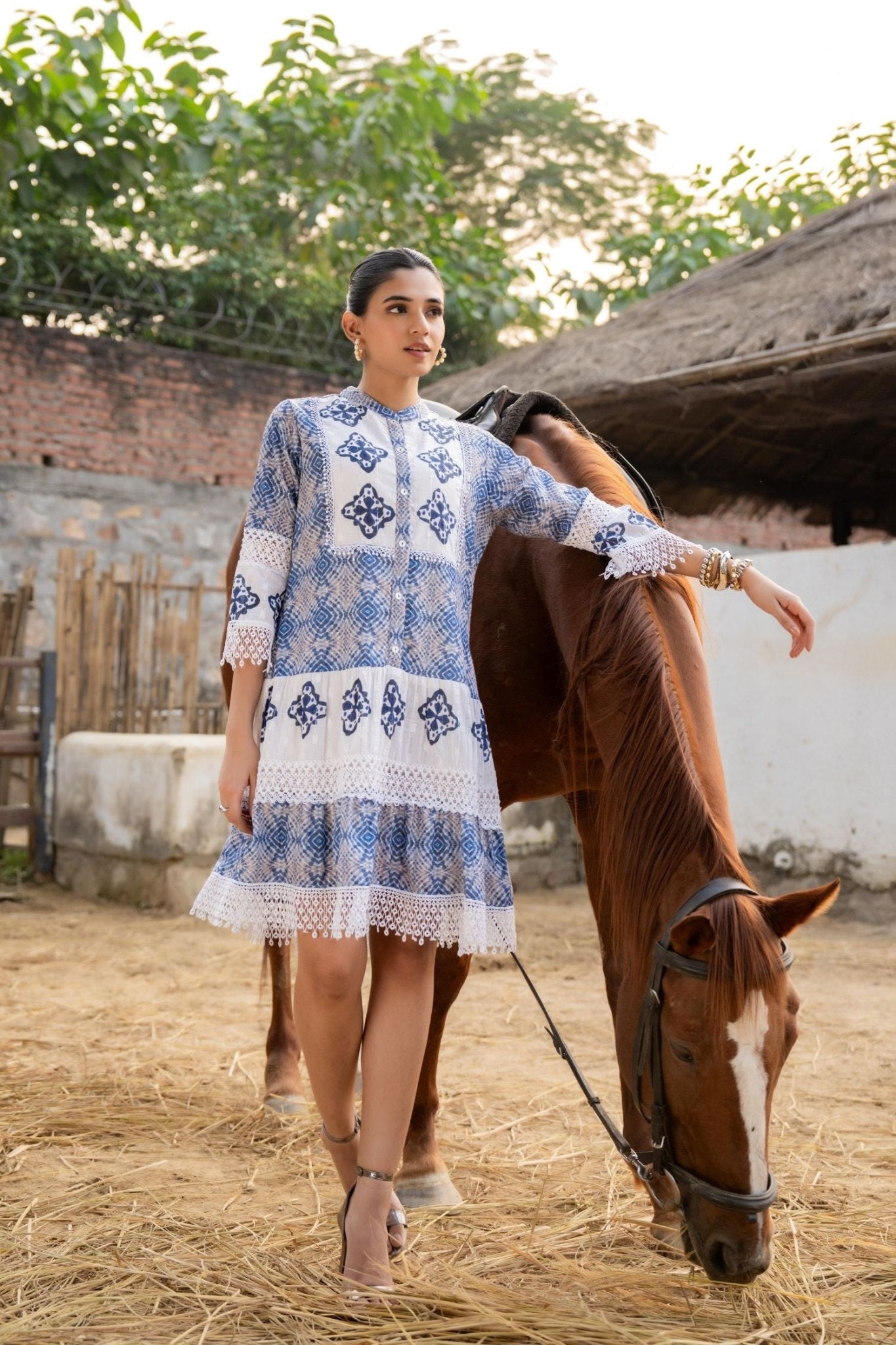 FREYAA Blue Cotton Tunic Embroidered Net Design Sleeves - Freyaa USA & Canada