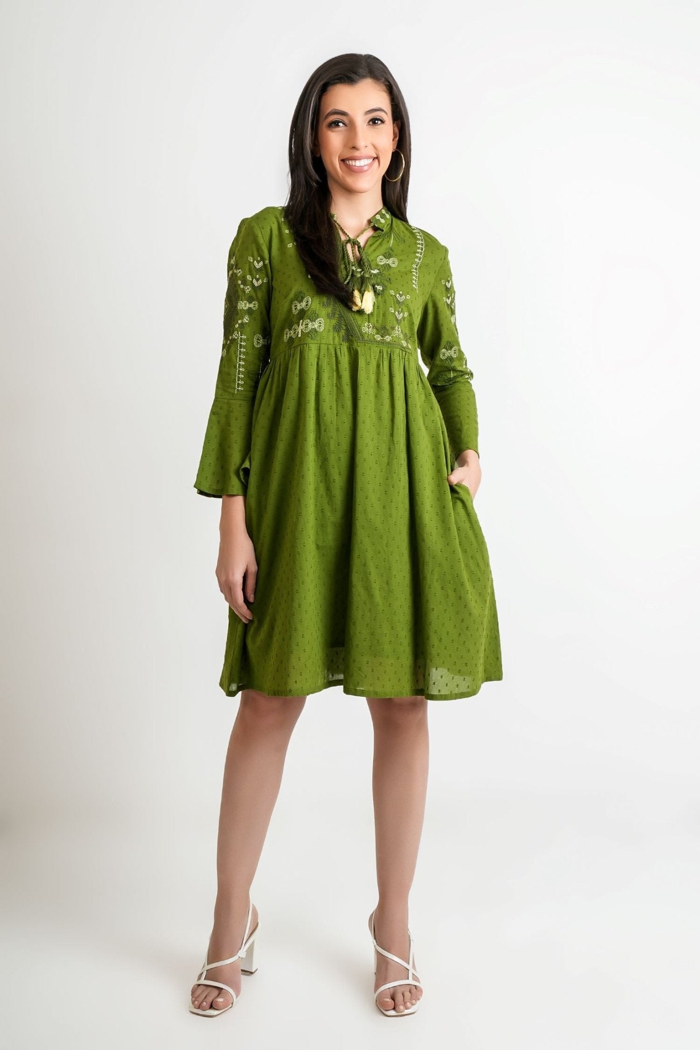 Forest Flow Solid Green Cotton Dress - Freyaa USA & Canada