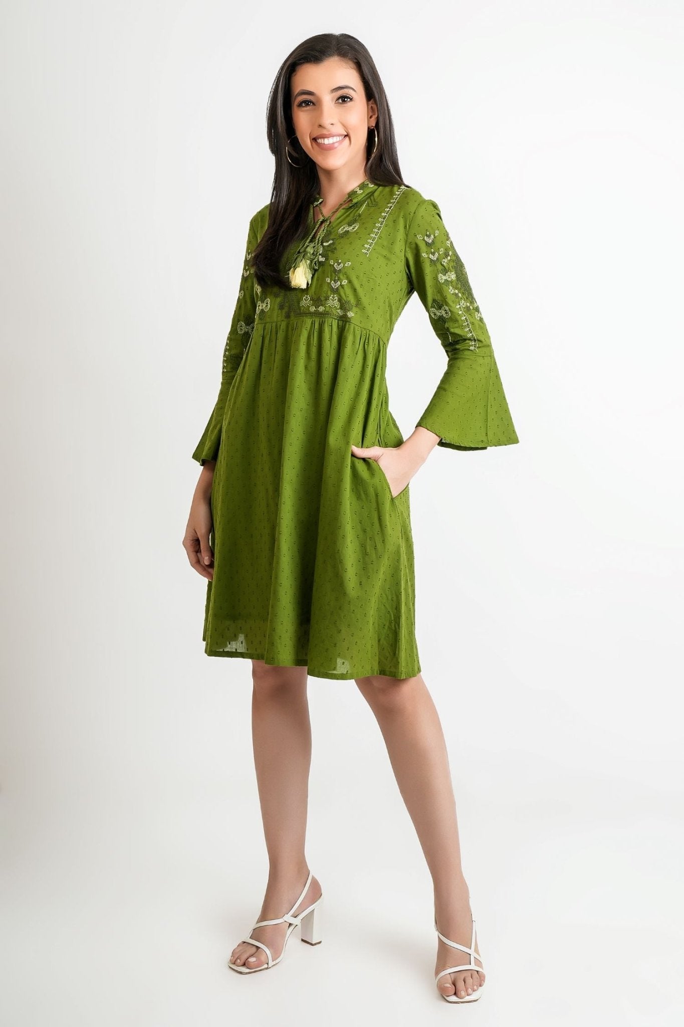 Forest Flow Solid Green Cotton Dress - Freyaa USA & Canada