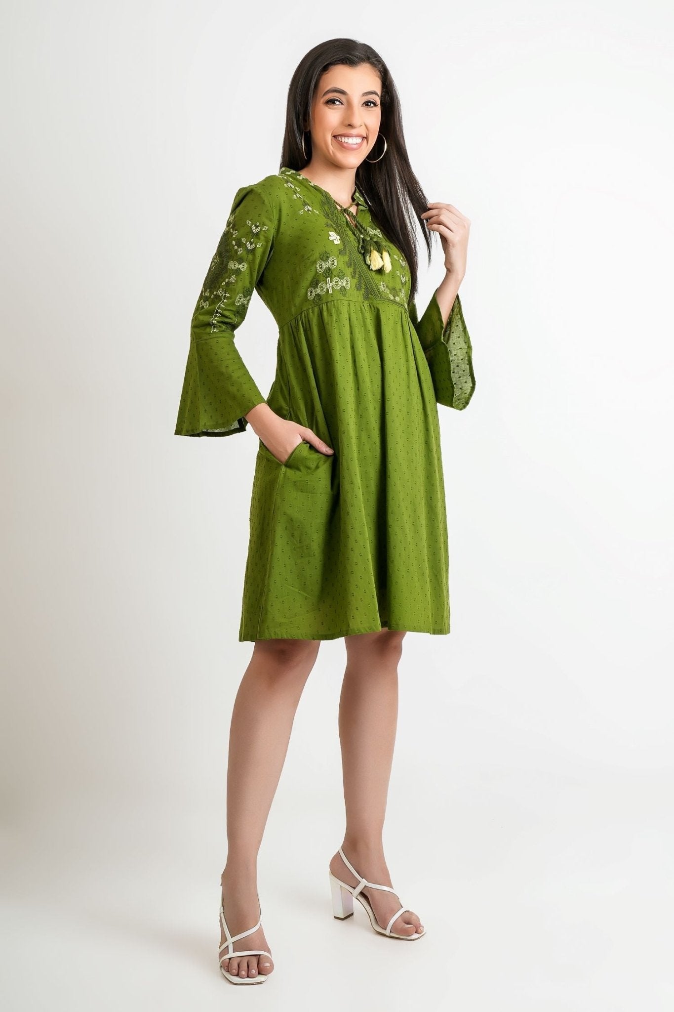 Forest Flow Solid Green Cotton Dress - Freyaa USA & Canada
